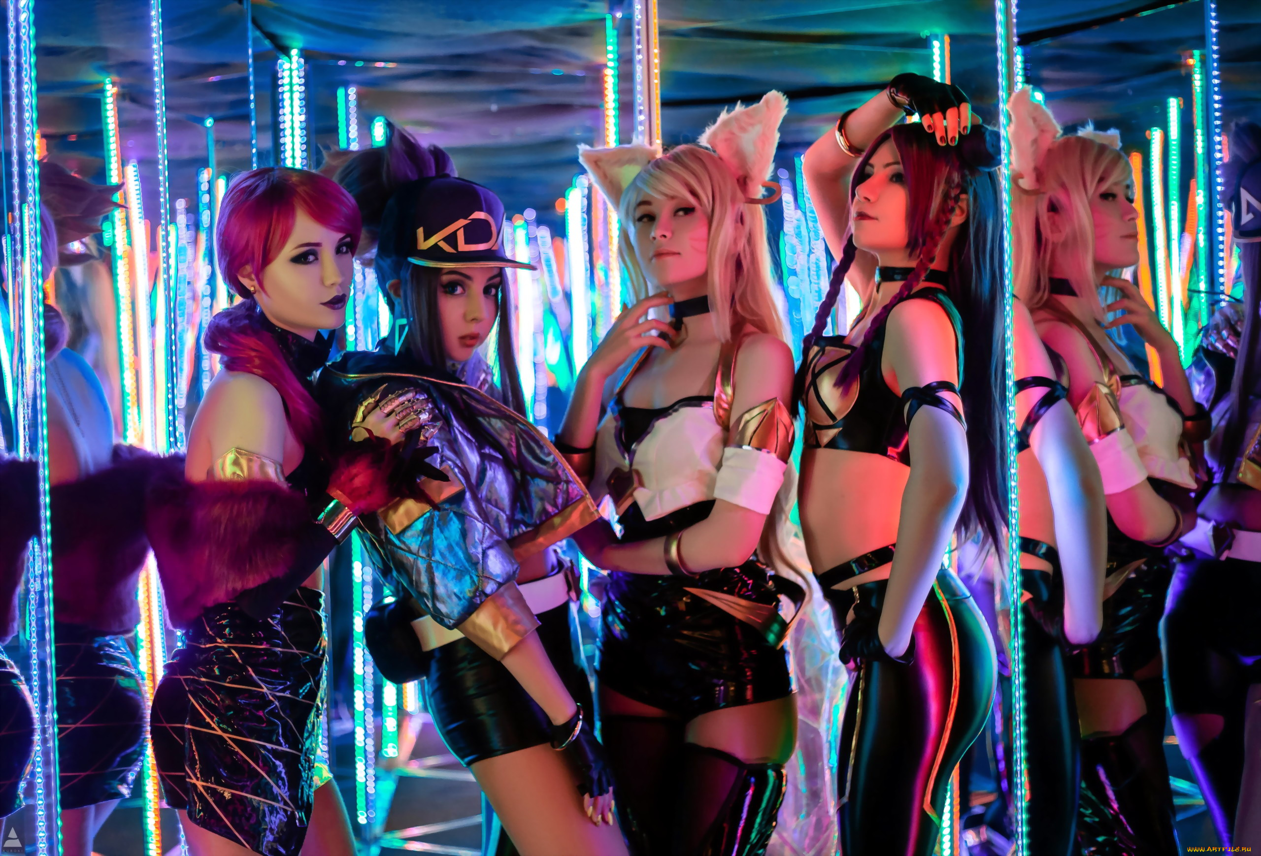 девушки, -, креатив, , косплей, kda, костюмы, группа, зеркала, коридор