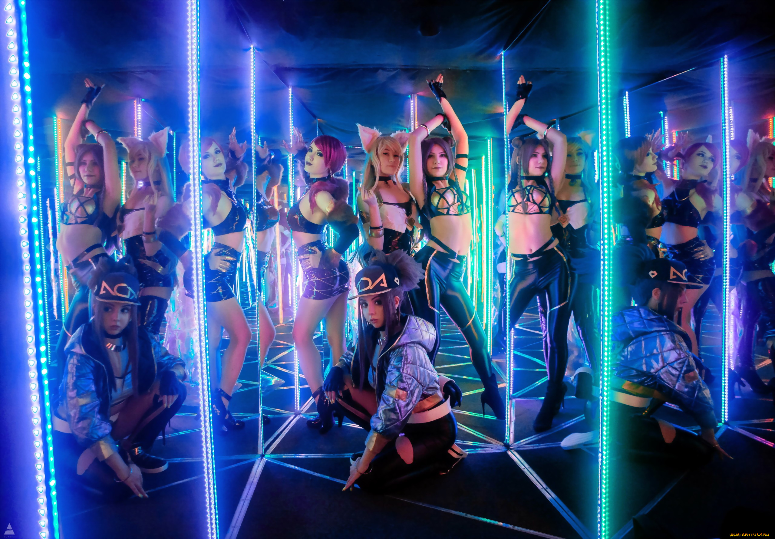 девушки, -, креатив, , косплей, kda, костюмы, группа, зеркала, коридор