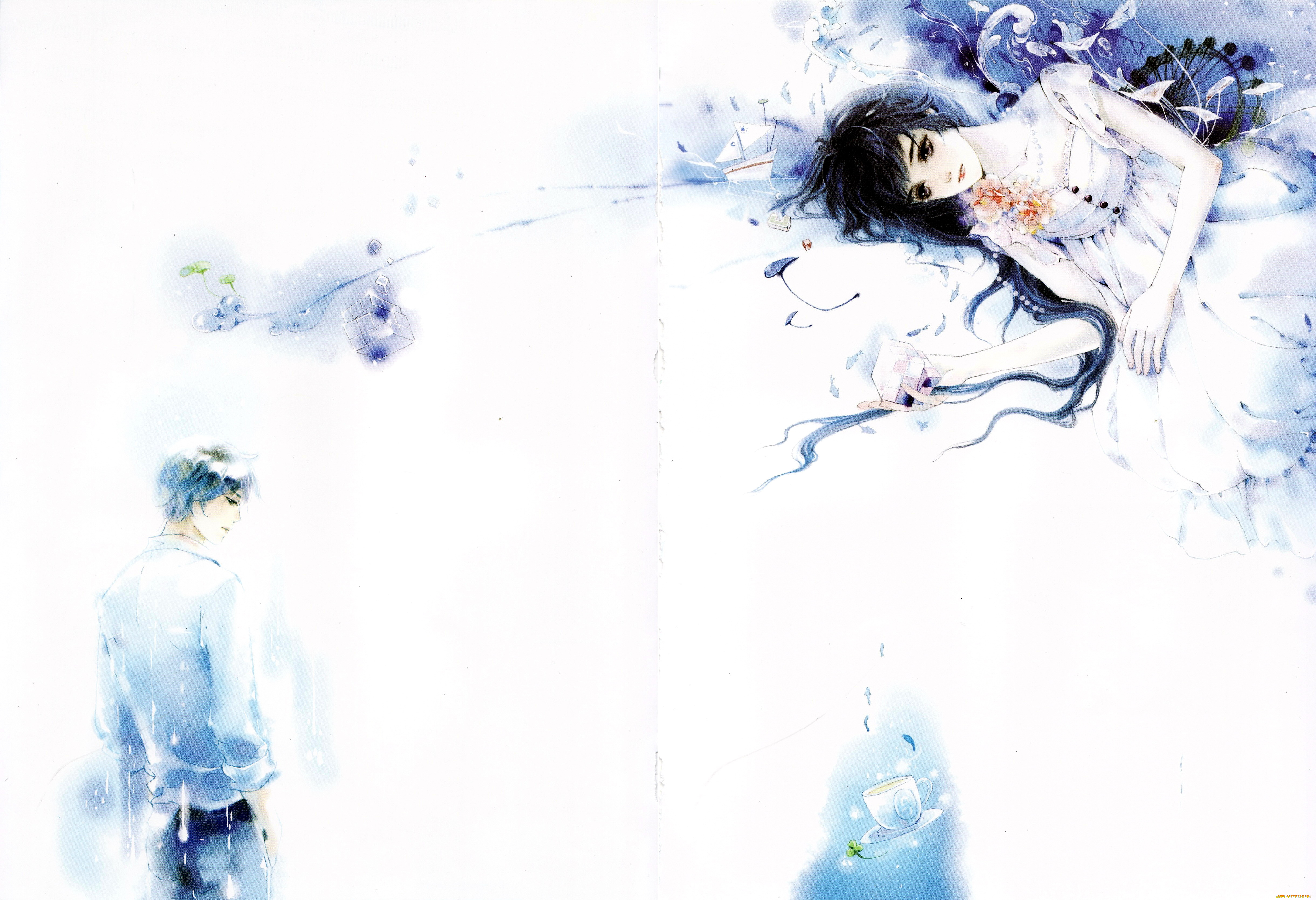 аниме, unknown, , другое, , девушка, парень, кораблик, чашка