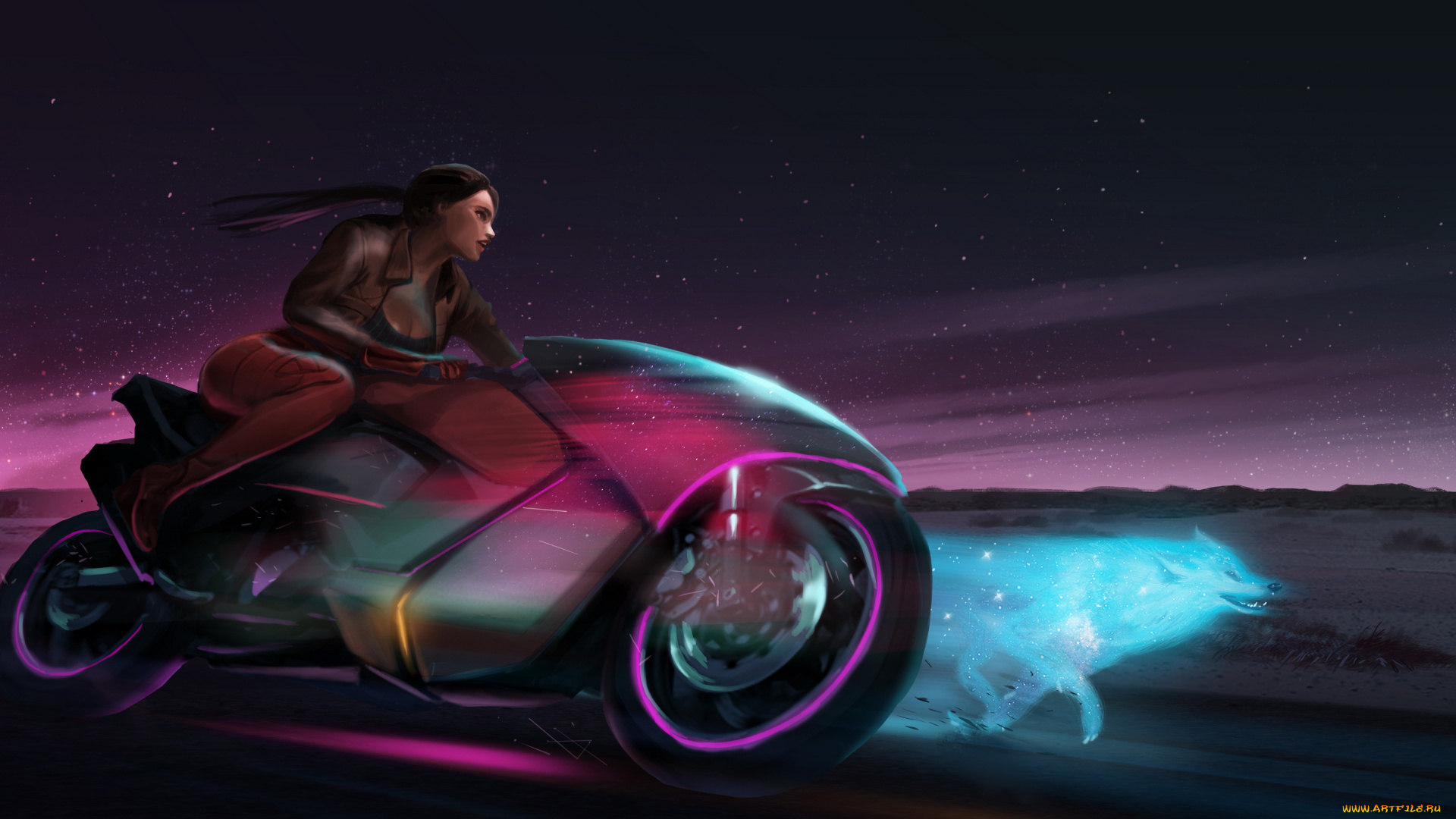 фэнтези, девушки, девушка, фон, гонка, байк, волк