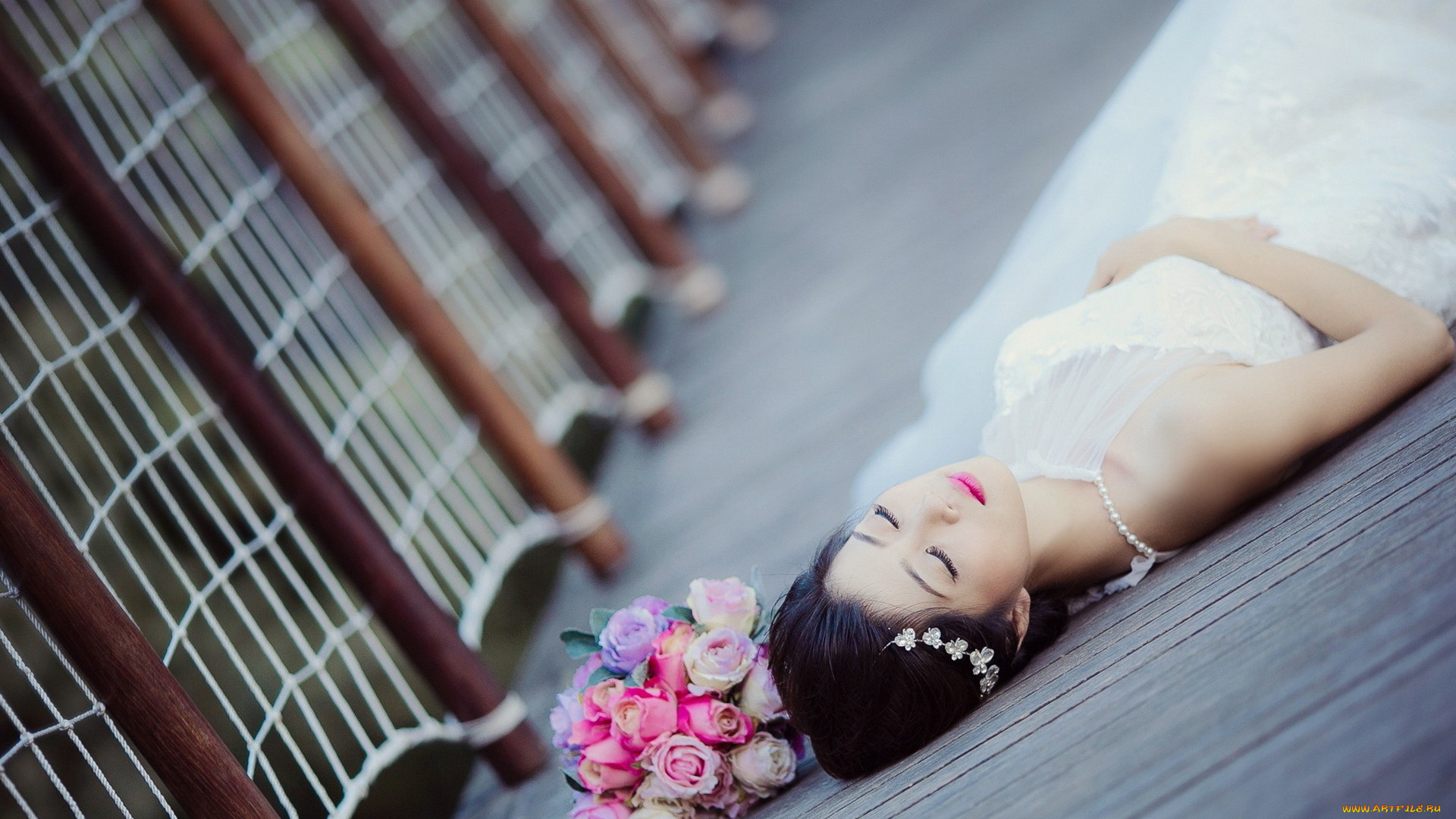 девушки, -, невесты, невеста, свадебное, платье, азиатка