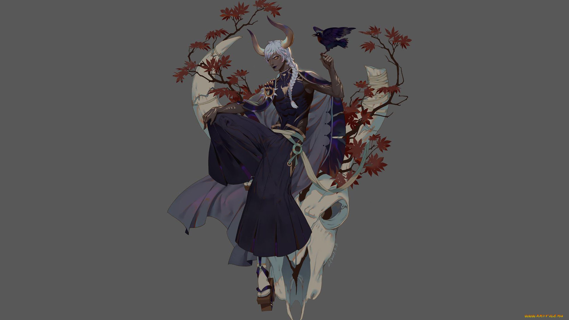 фэнтези, существа, парень, рога, птица, телец