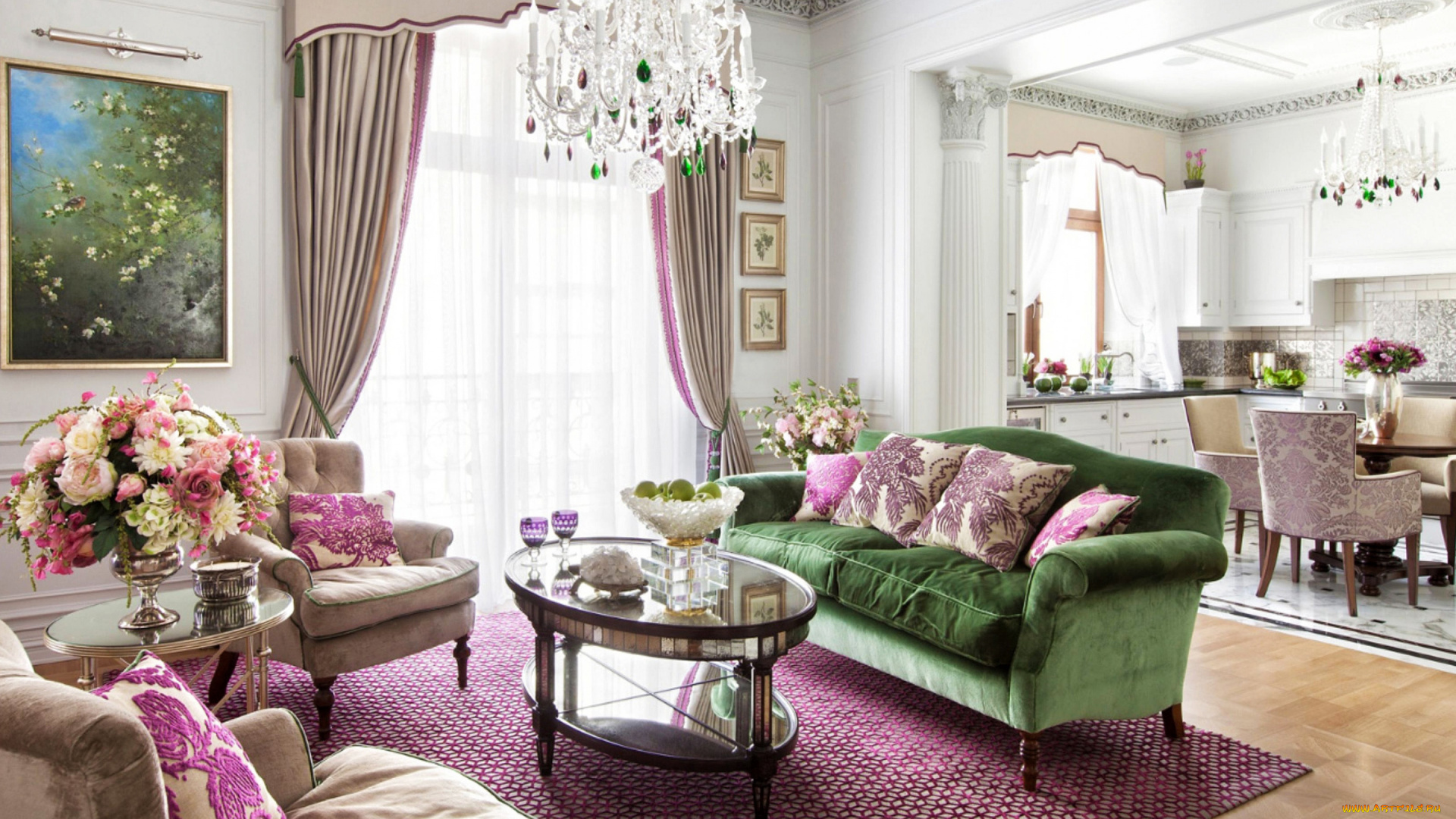 интерьер, гостиная, мягкий, уголок, картина, букет