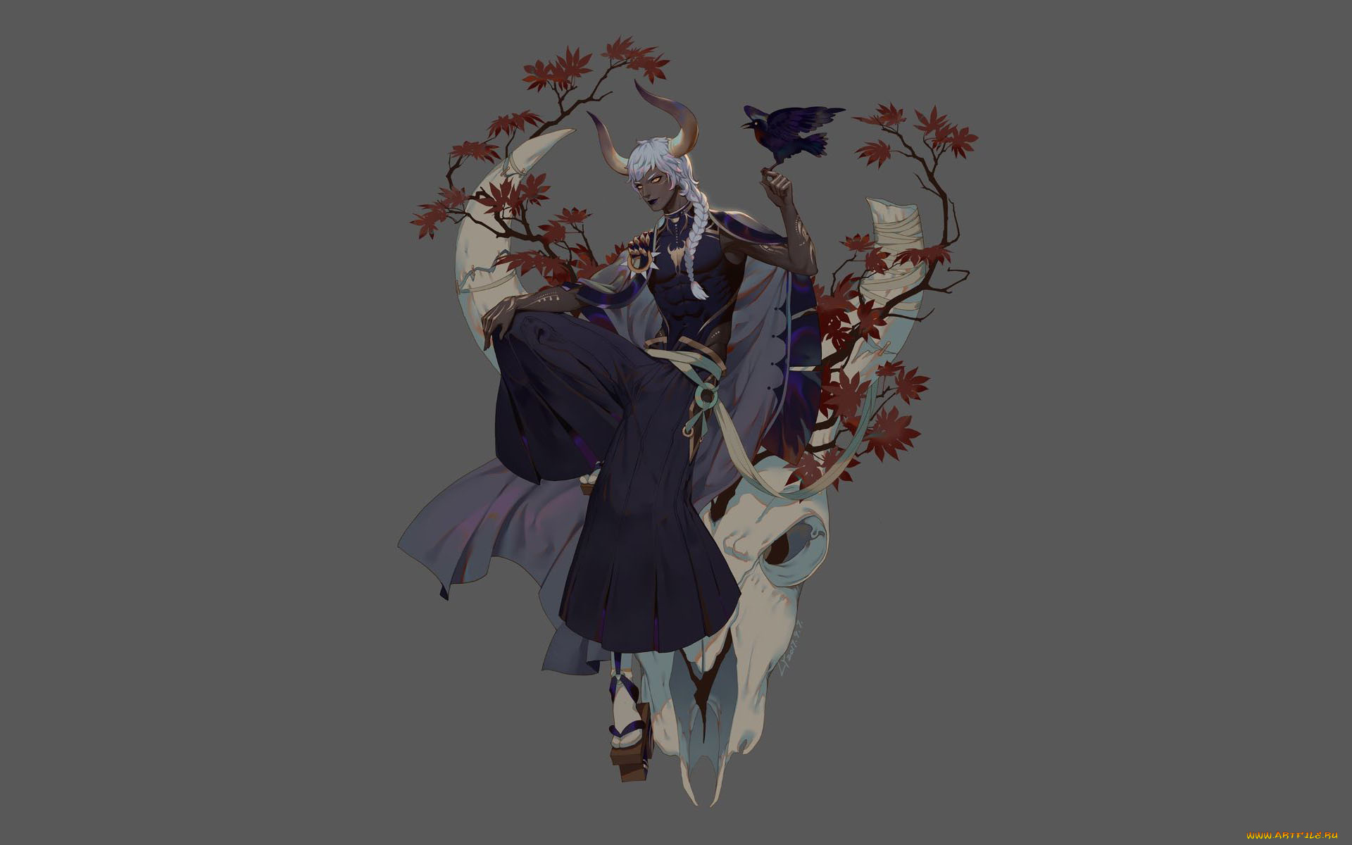 фэнтези, существа, парень, рога, птица, телец