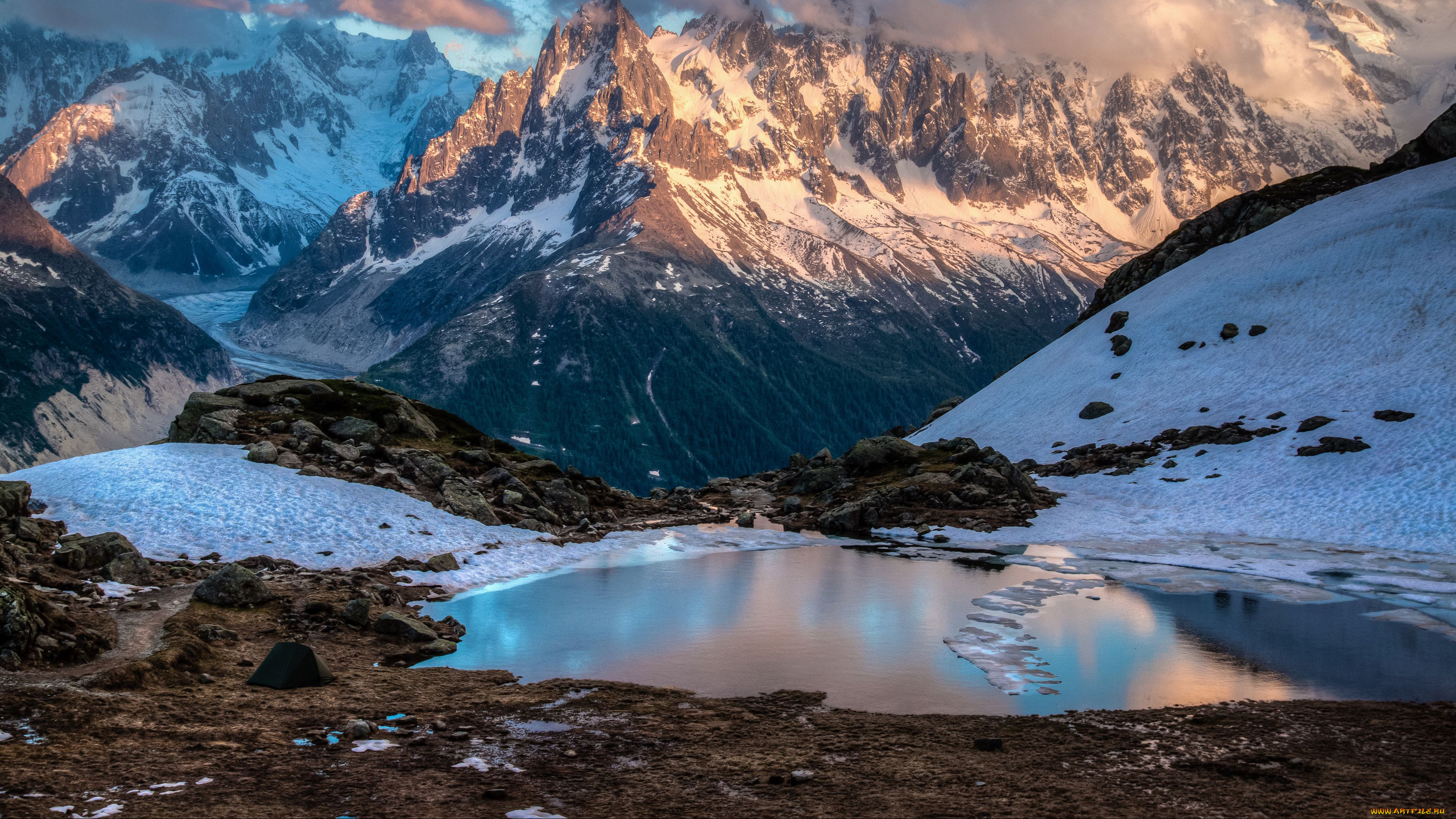 природа, горы, снег, озеро, вода