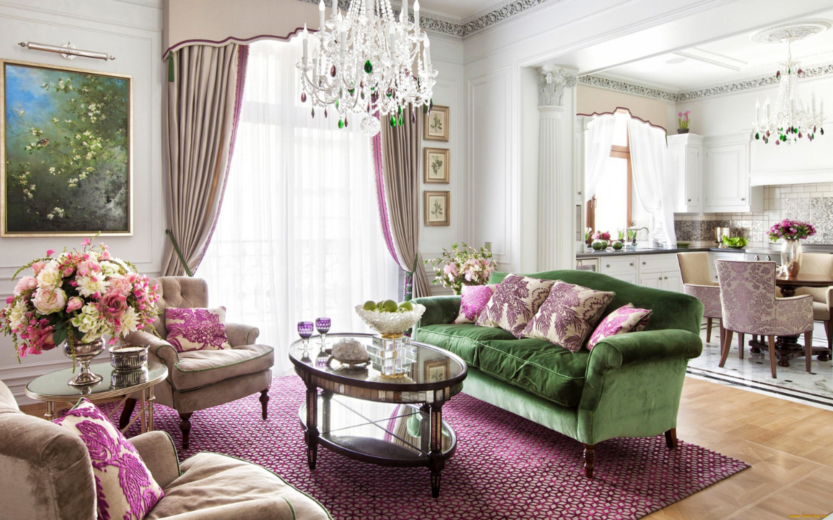 интерьер, гостиная, мягкий, уголок, картина, букет