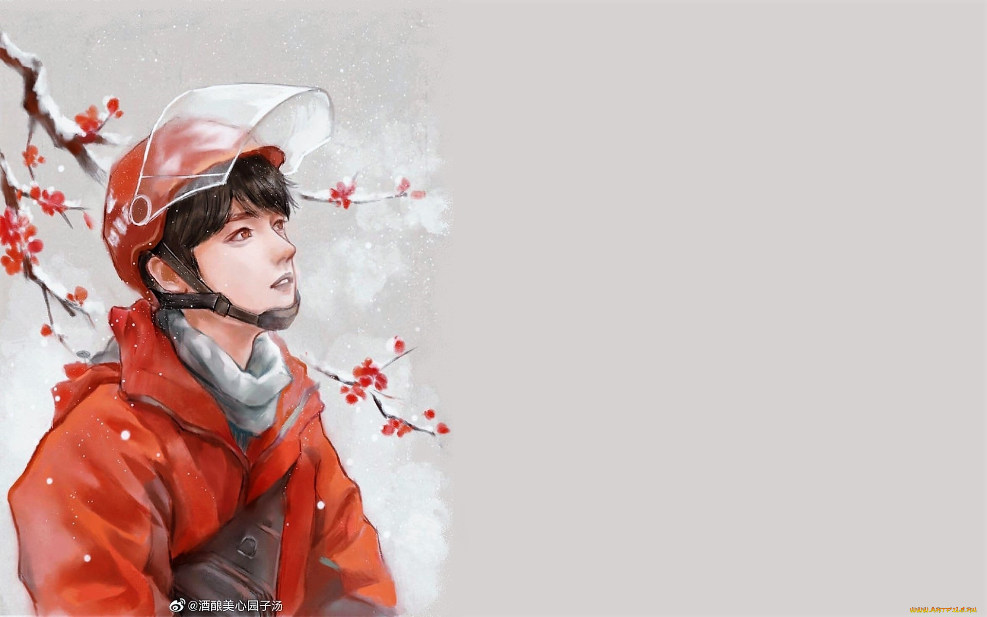 рисованное, люди, сяо, чжань, шлем, куртка, ветка