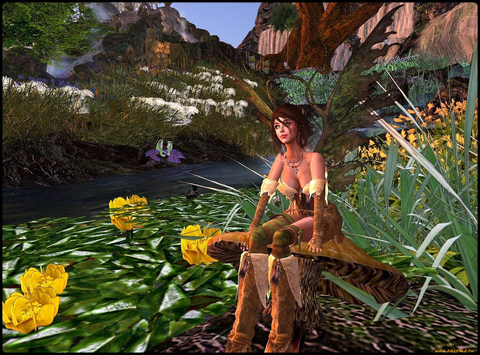 3д, графика, elves, эльфы, кувшинки, гриб, пруд, фея