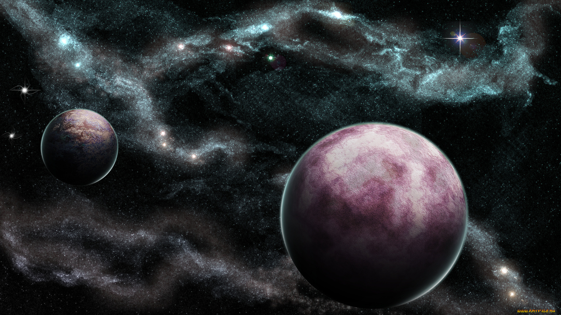 космос, арт, планеты, туманность, звёзды