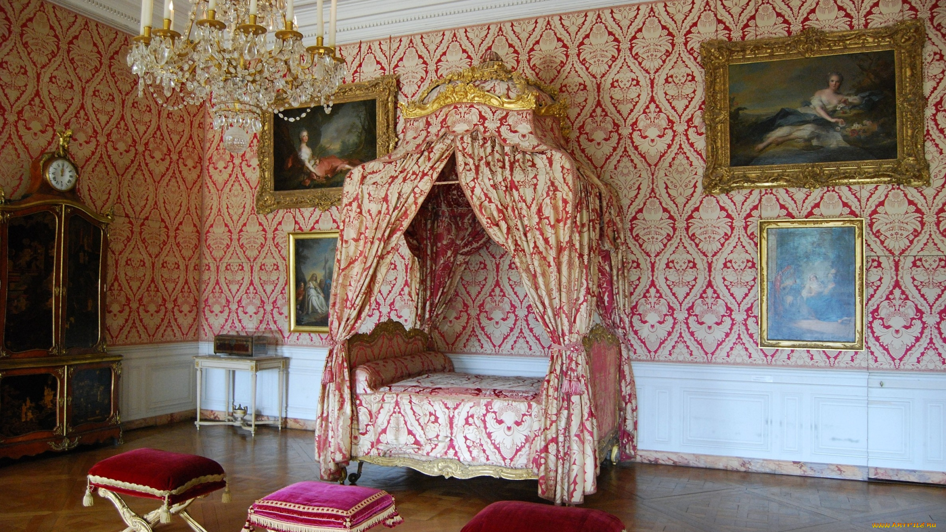 версаль, франция, интерьер, дворцы, музеи, люстра, кровать, стулья, балдахин, картины