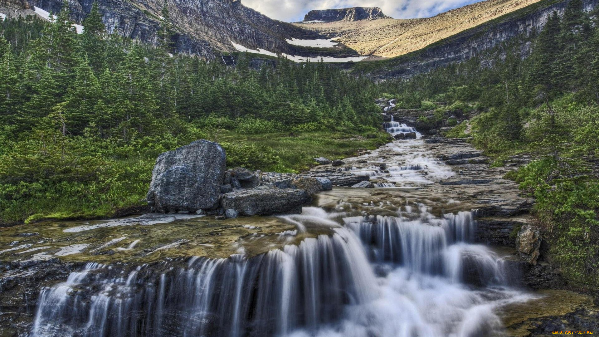 cascading, mountain, stream, природа, водопады, ложбина, лес, горы, водопад