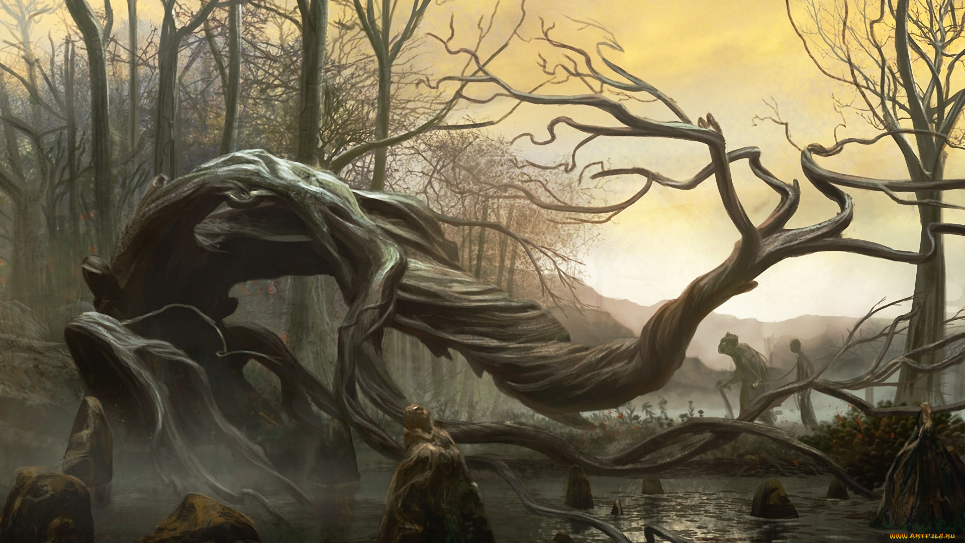 фэнтези, пейзажи, вода, болото, кривые, дух, деревья, камни, поводок, пленник
