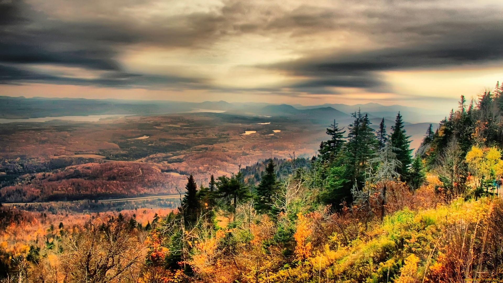 природа, пейзажи, тучи, склон, лес, горы