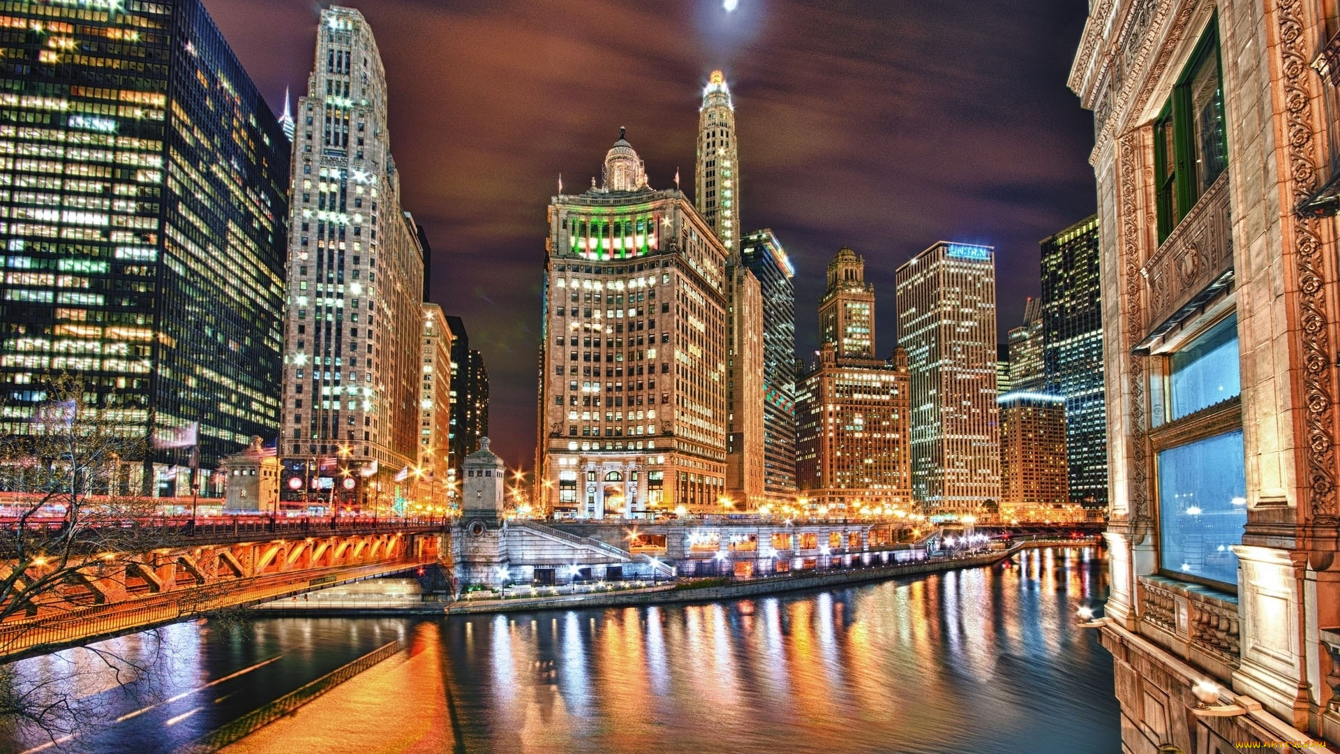 river, through, center, of, city, города, огни, ночного, река, мост, ночь, город