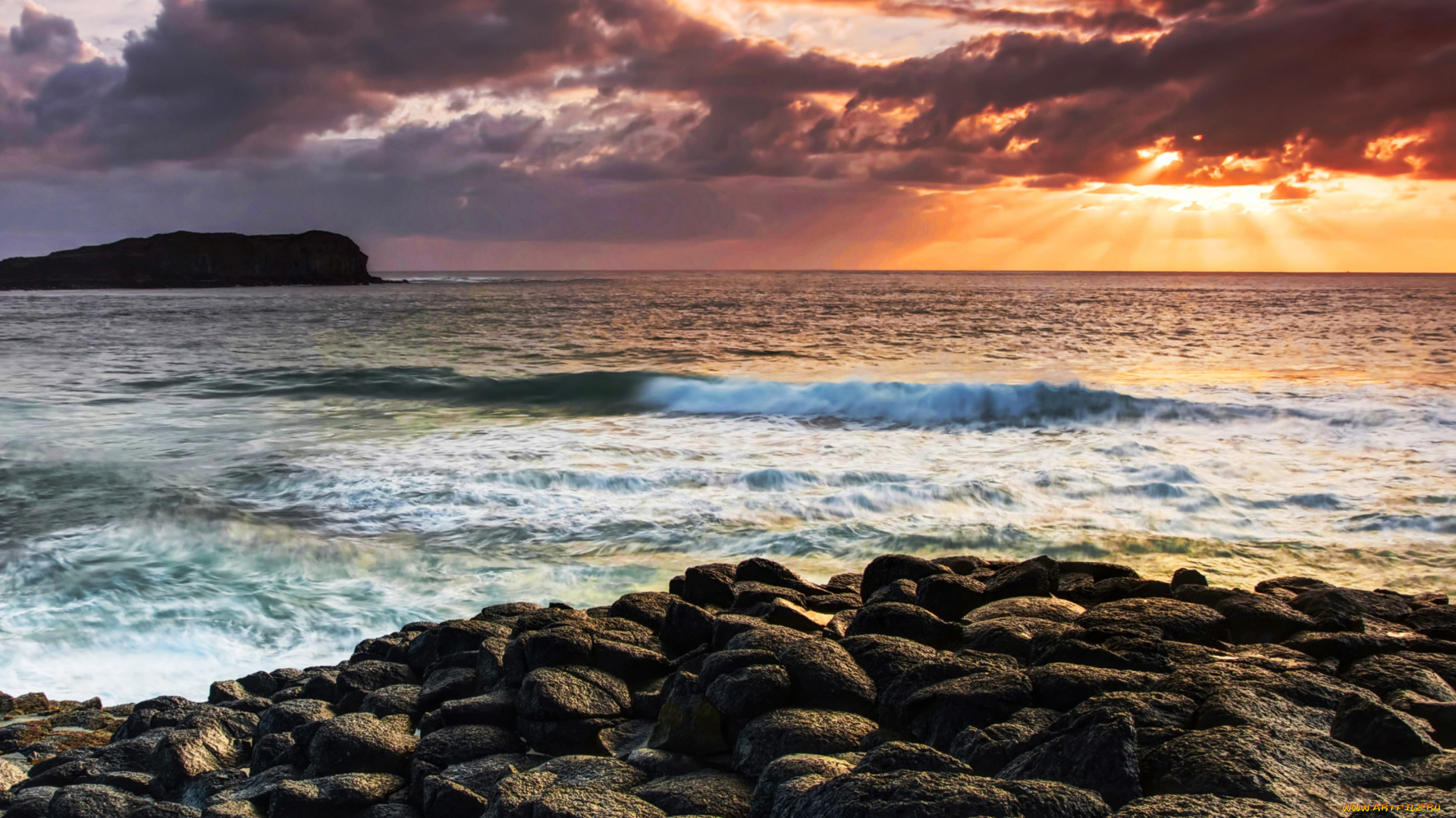 sunset, природа, восходы, закаты, облака, камни, закат, океан