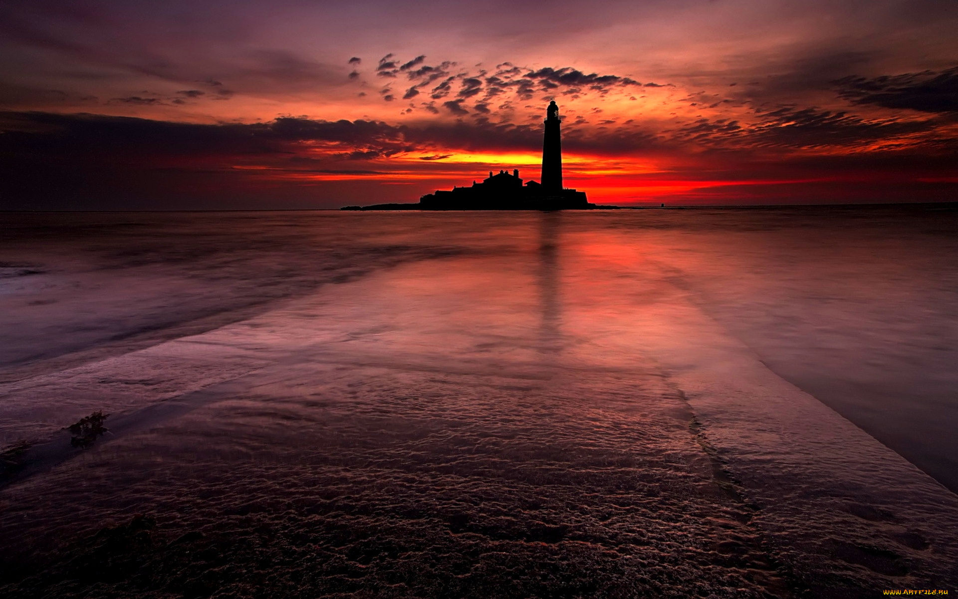 lighthouse, at, sunset, природа, маяки, море, багровый, маяк, закат