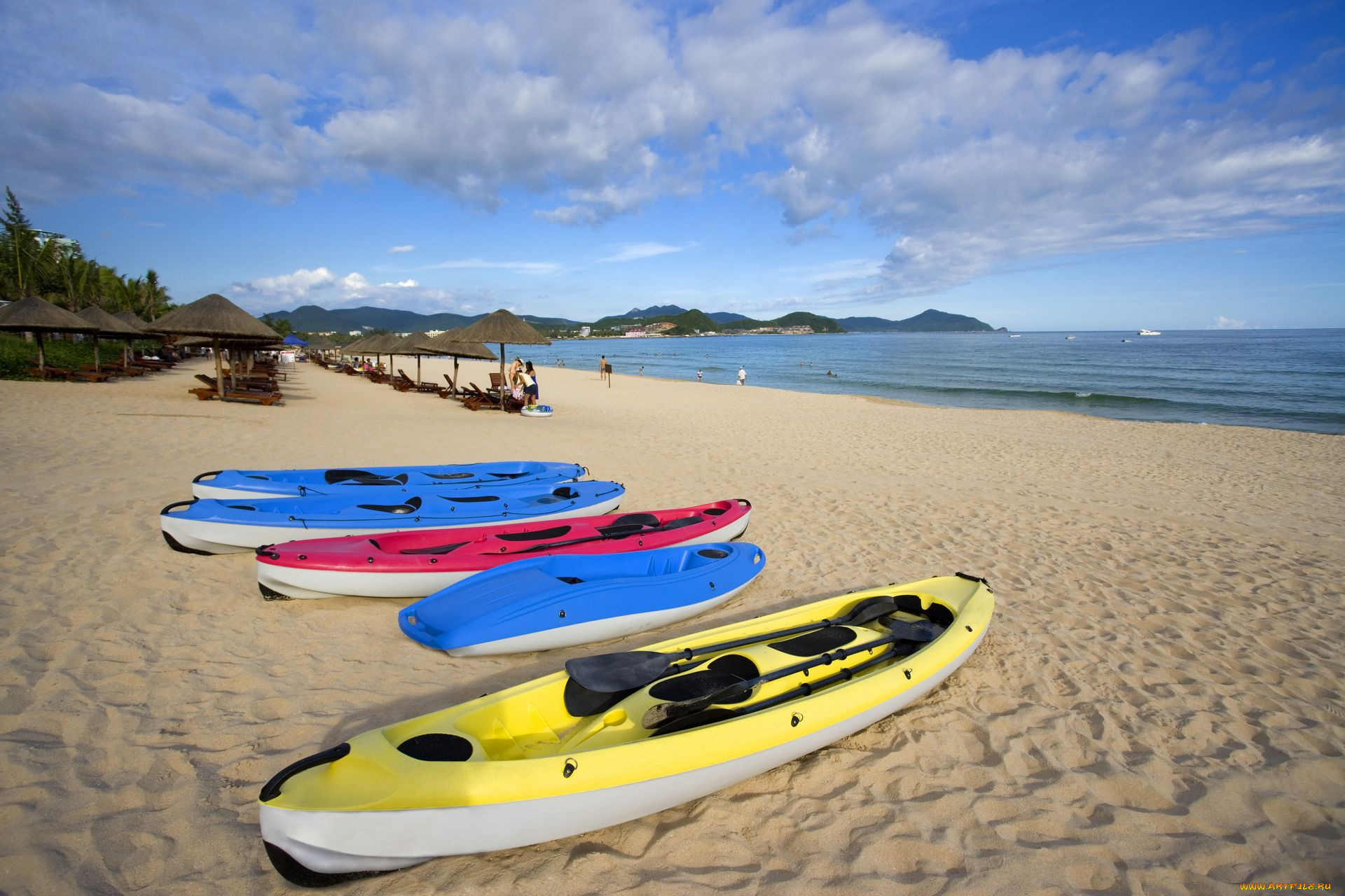 корабли, лодки, шлюпки, песок, облака, море