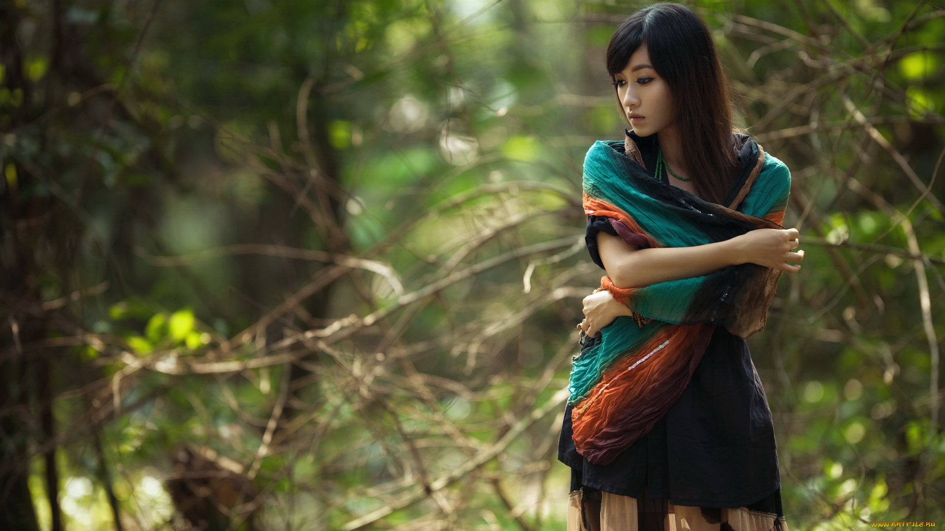-Unsort, Азиатки, девушки, unsort, азиатки, накидка, лес