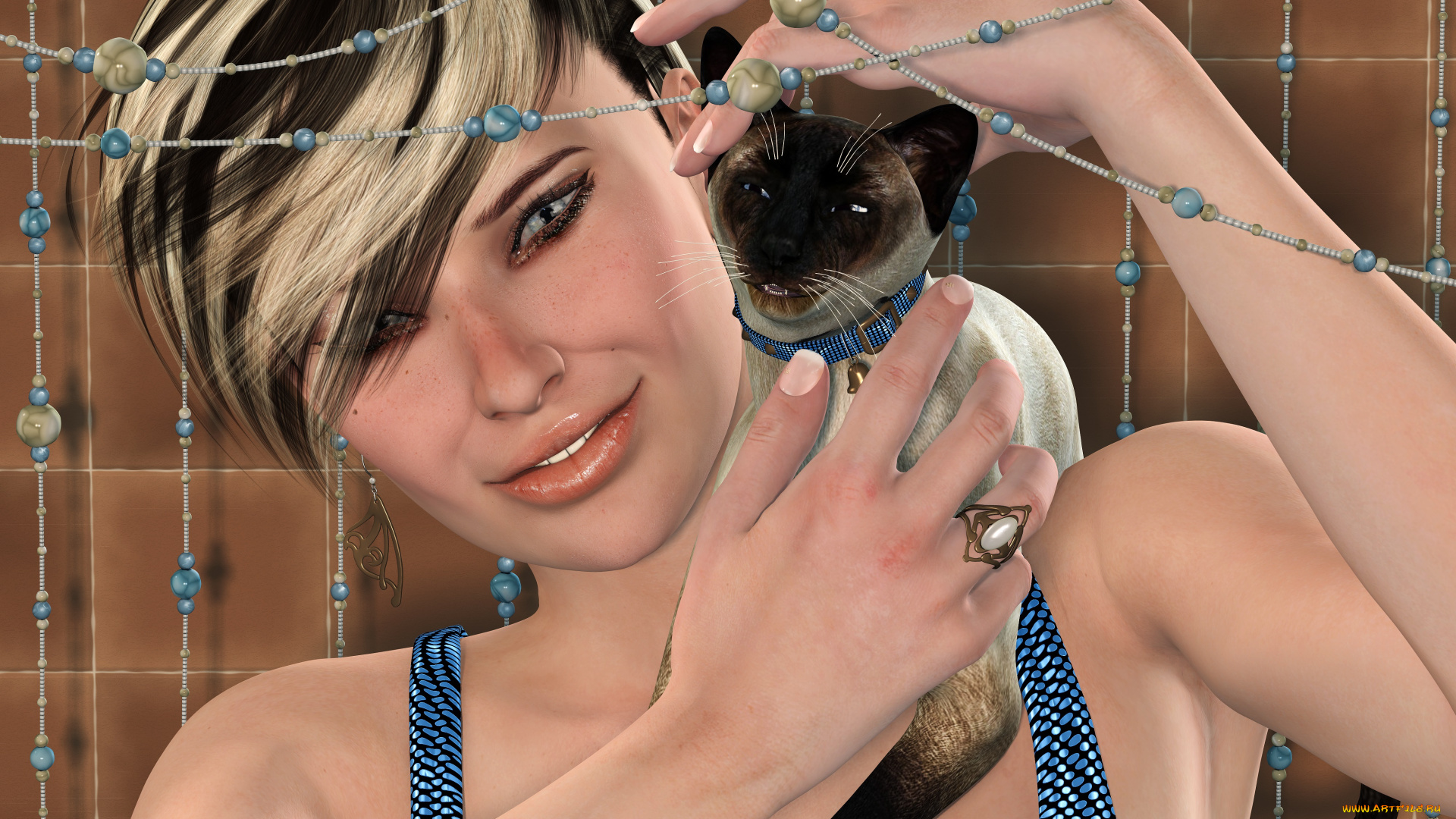 3д, графика, portraits, портрет, девушка, кошка