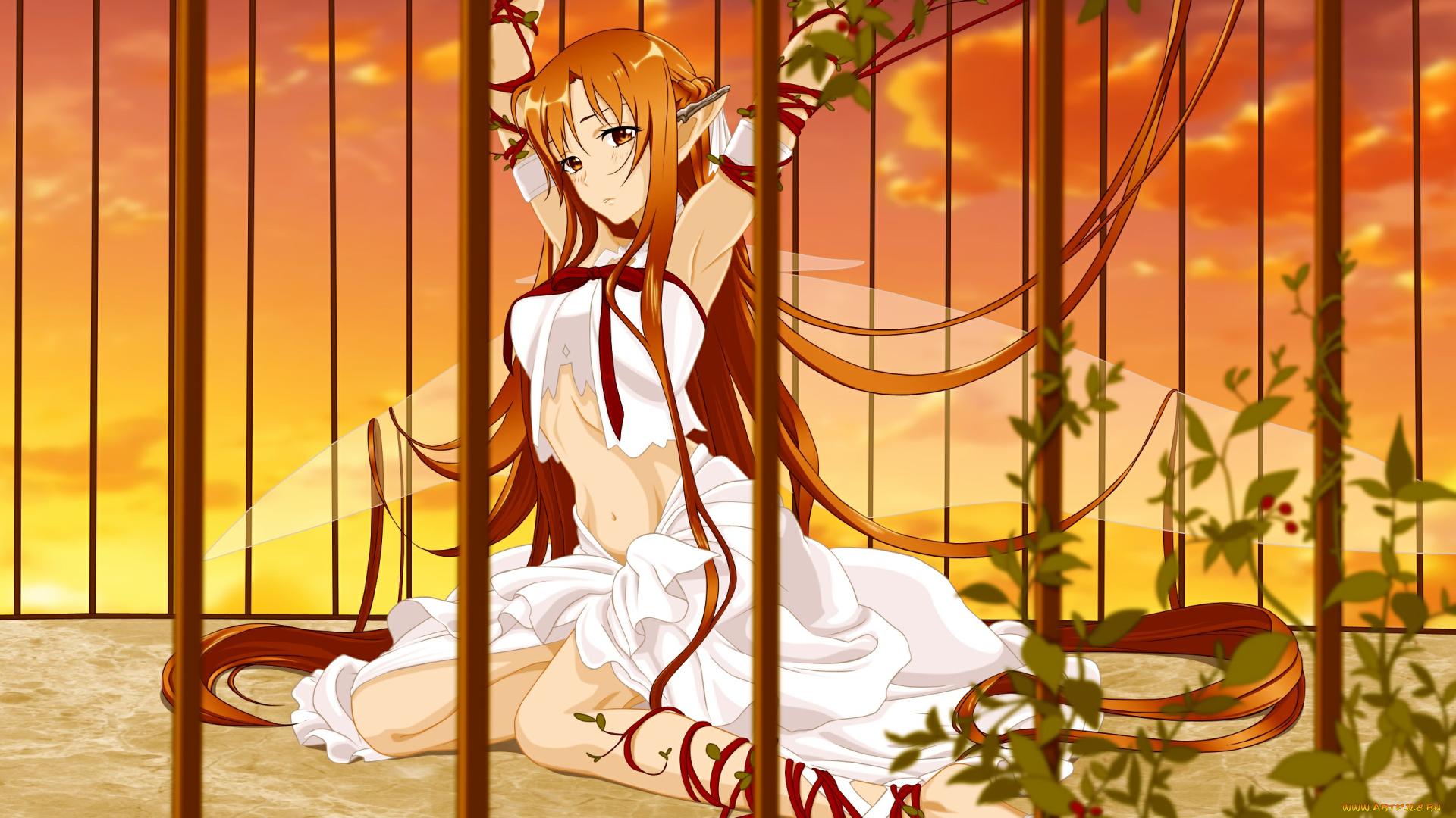 аниме, sword, art, online, asuna, yuki, длинные, волосы, веревка, клетка