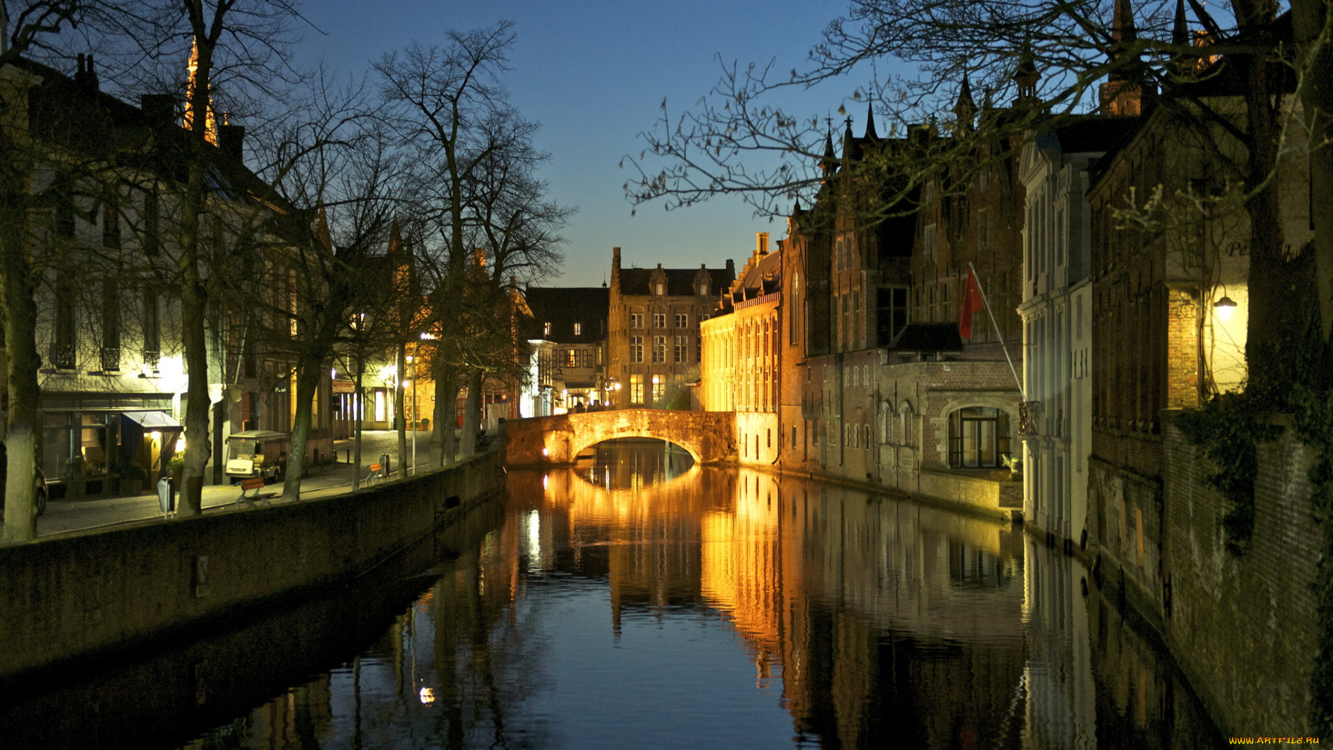бельгия, брюгге, города, мост, огни, ночь, канал, дома