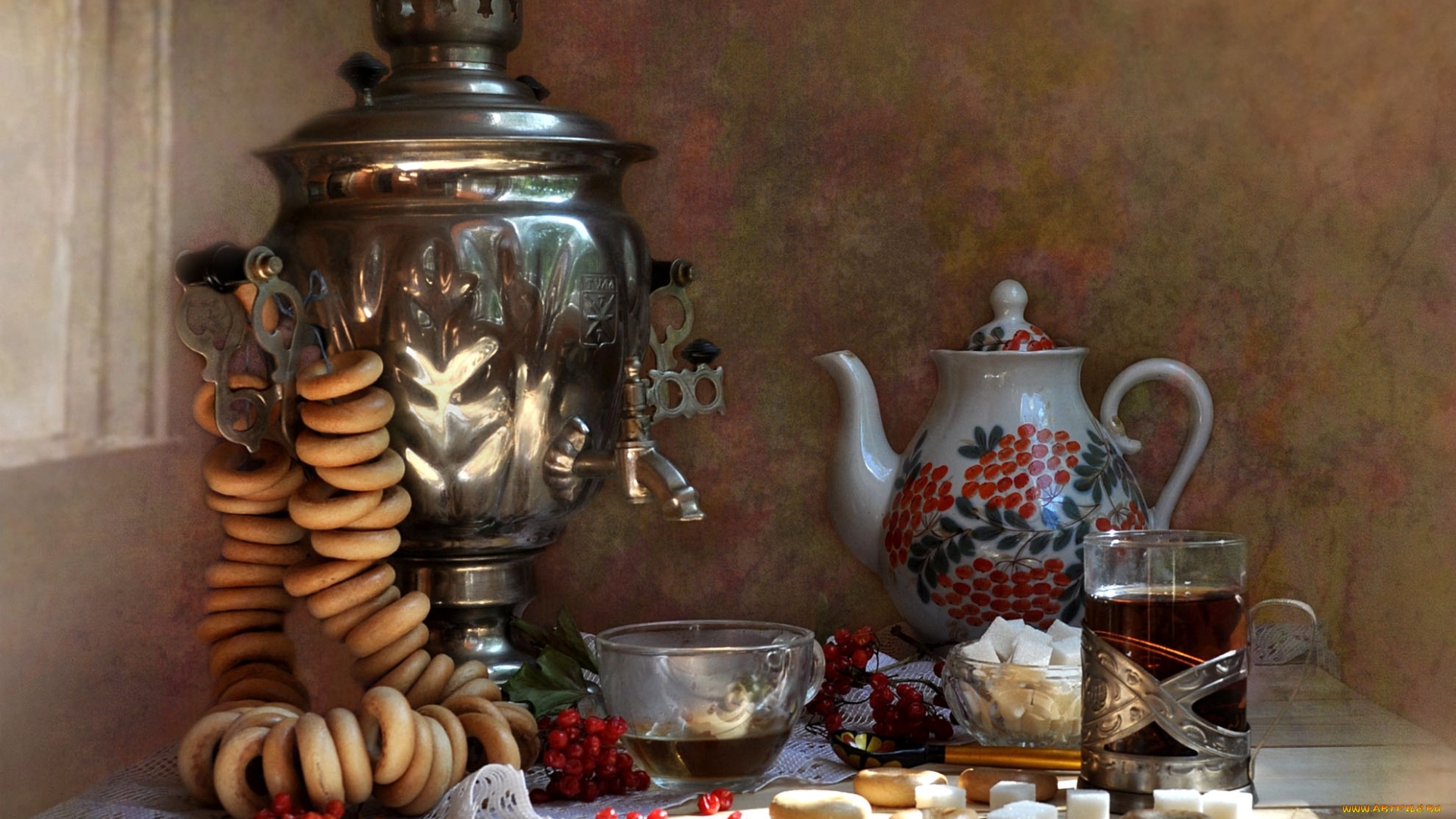 еда, напитки, Чай, самовар, сушки, калина, стаканы