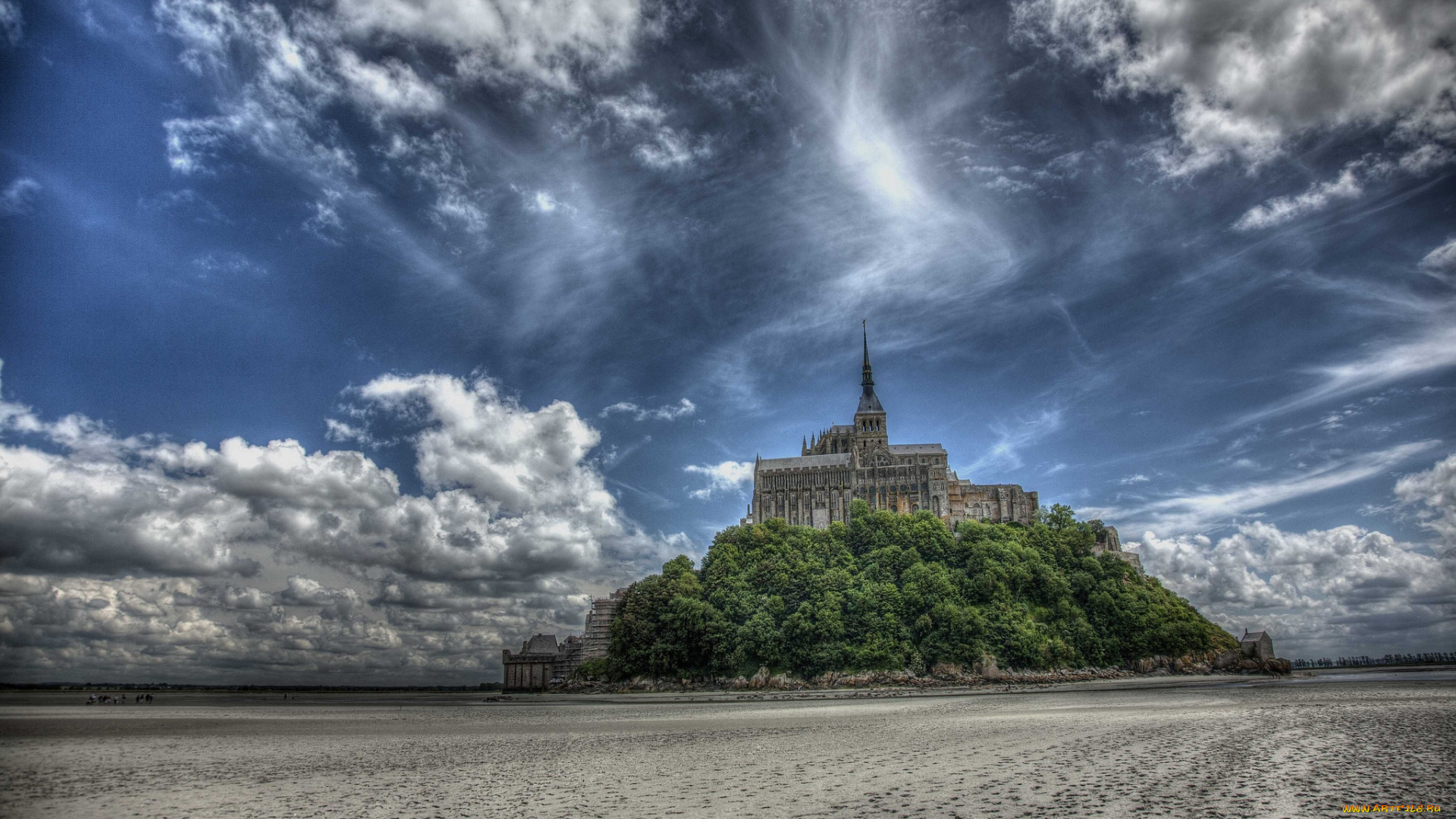 города, крепость, мон, сен, мишель, франция, небо, остров