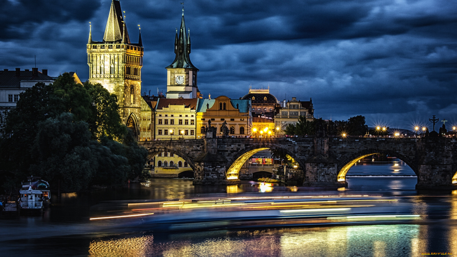 города, прага, Чехия, мост, река, ночь