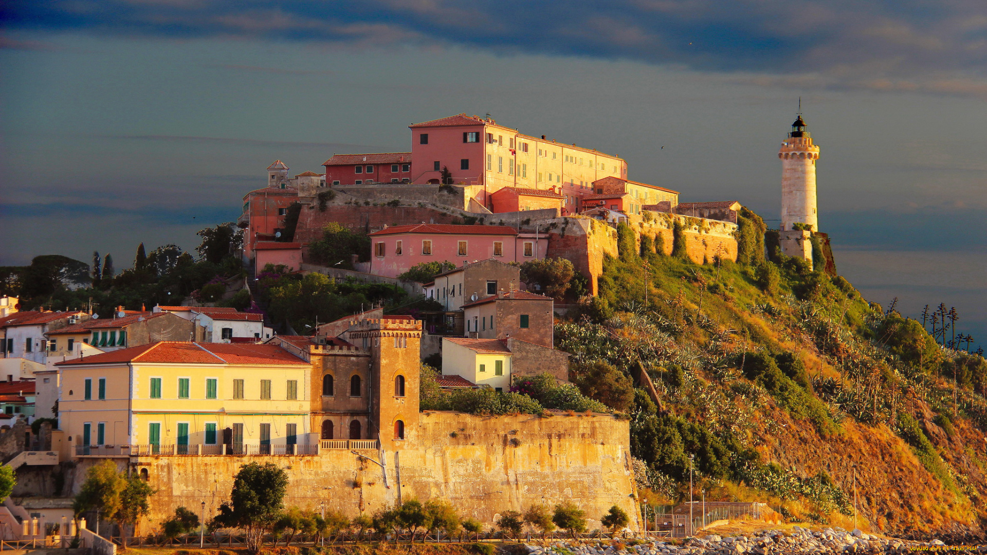италия, тоскана, portoferraio, города, амальфийское, лигурийское, побережье, дома, море, маяк
