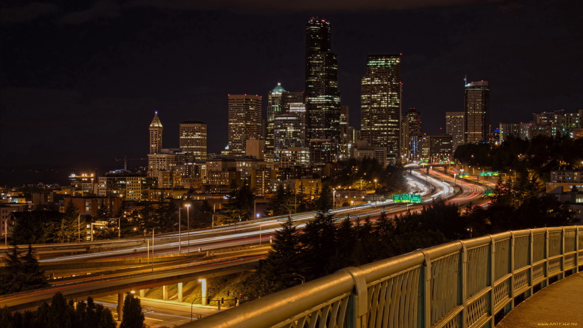 seattle, вашингтон, сша, города, сиэтл, река, дома, мост, огни, ночь