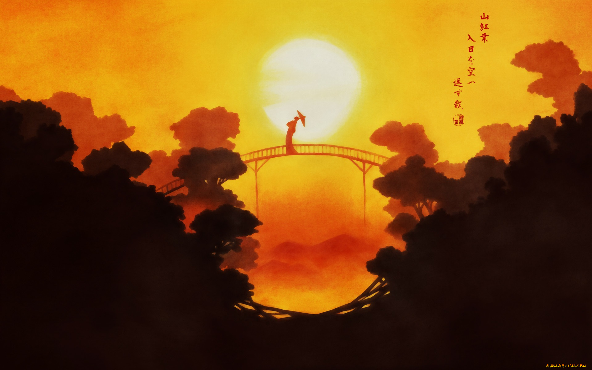 hakkenden, аниме, *unknown, другое, мост, закат, зонт, человек