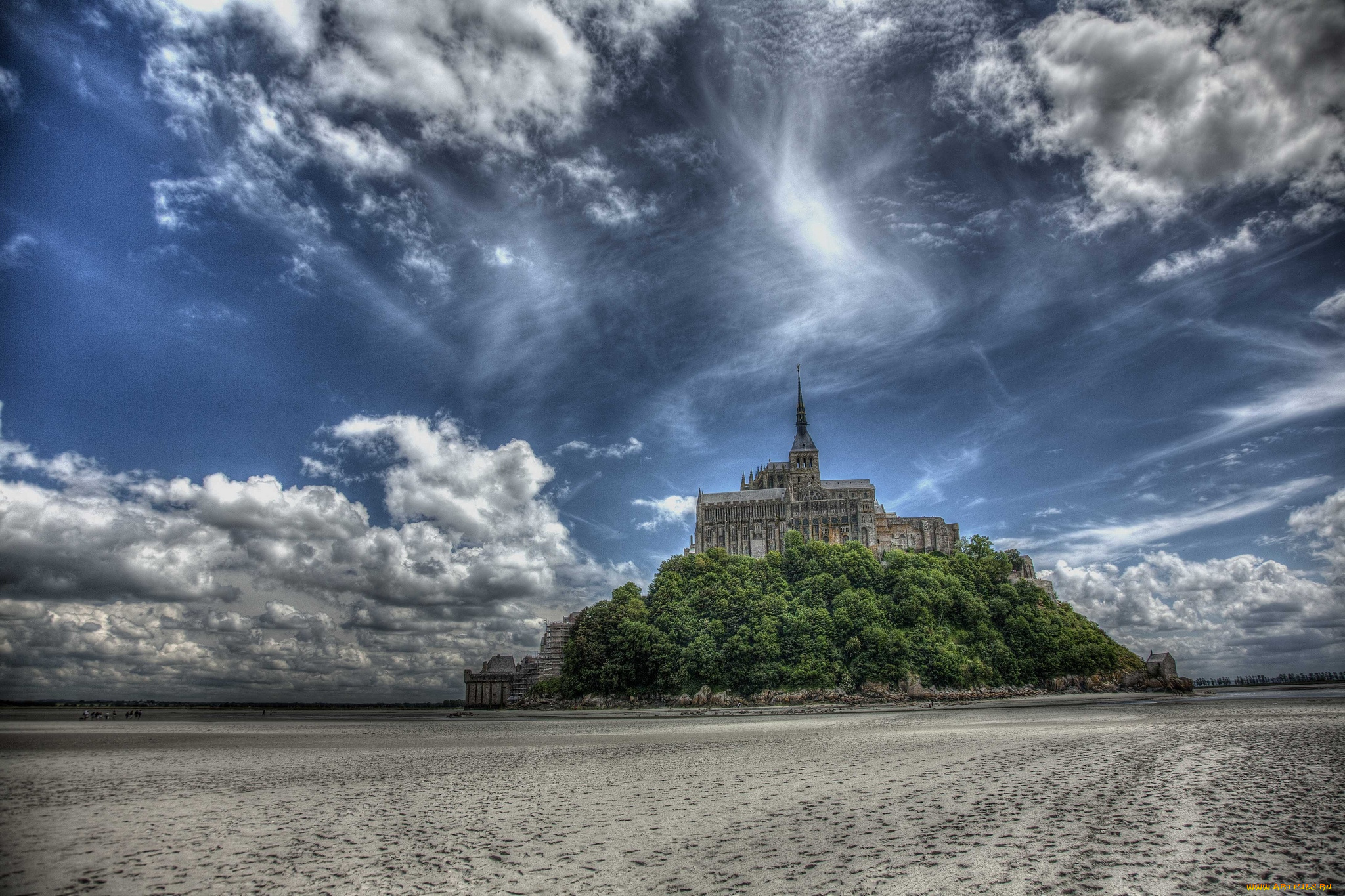 города, крепость, мон, сен, мишель, франция, небо, остров