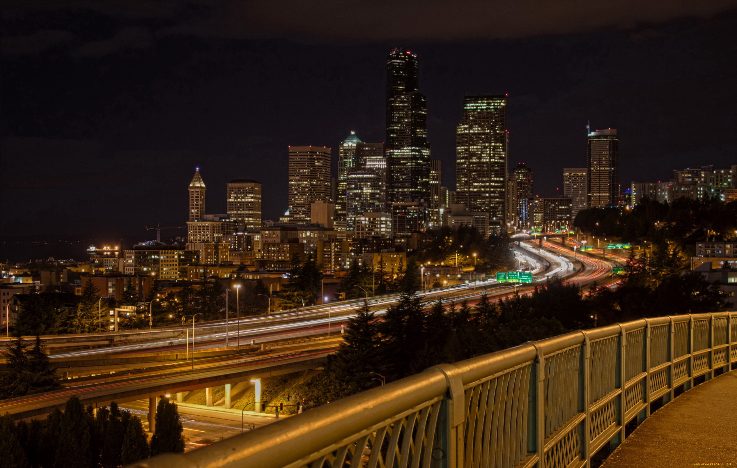 seattle, вашингтон, сша, города, сиэтл, река, дома, мост, огни, ночь