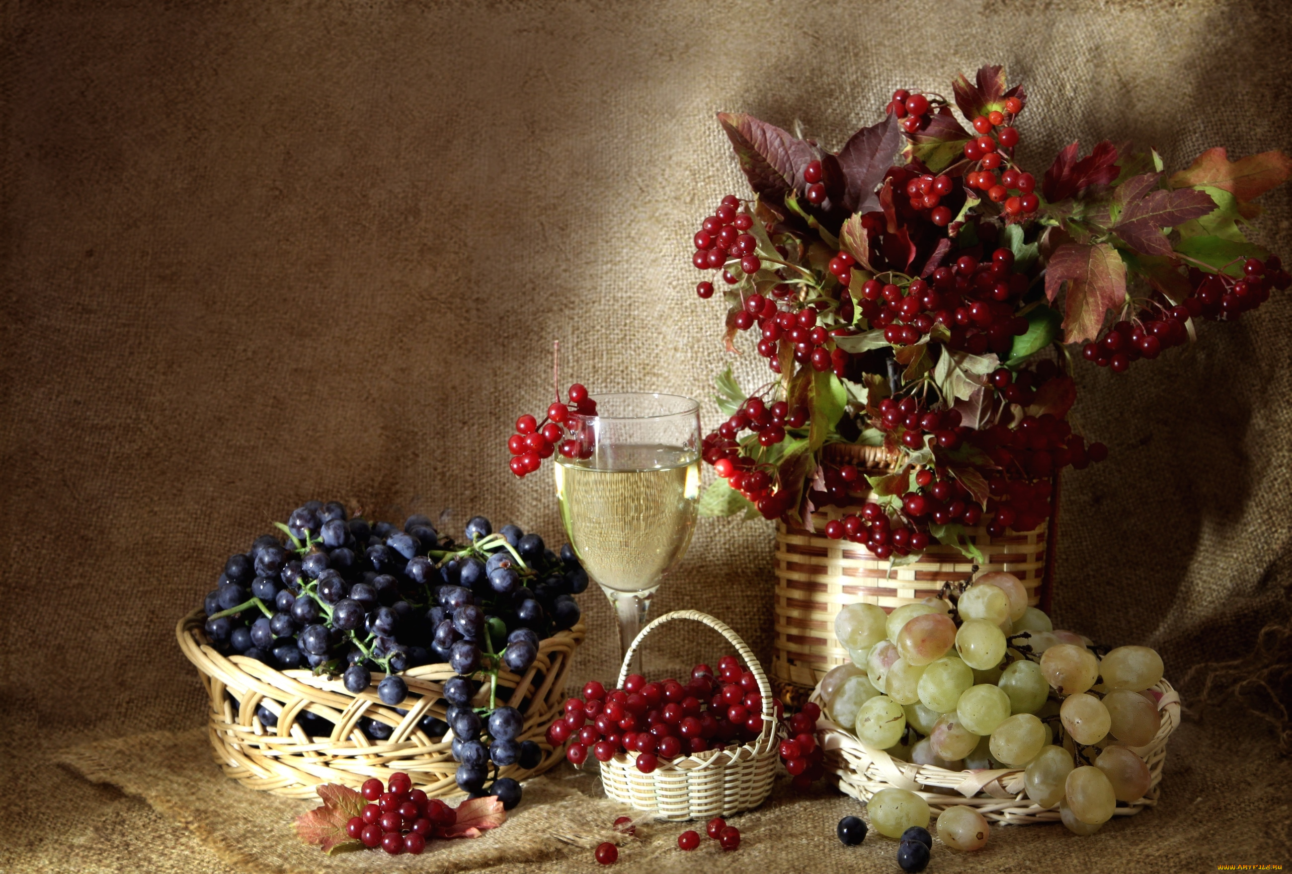 еда, натюрморт, бокал, вино, калина, виноград