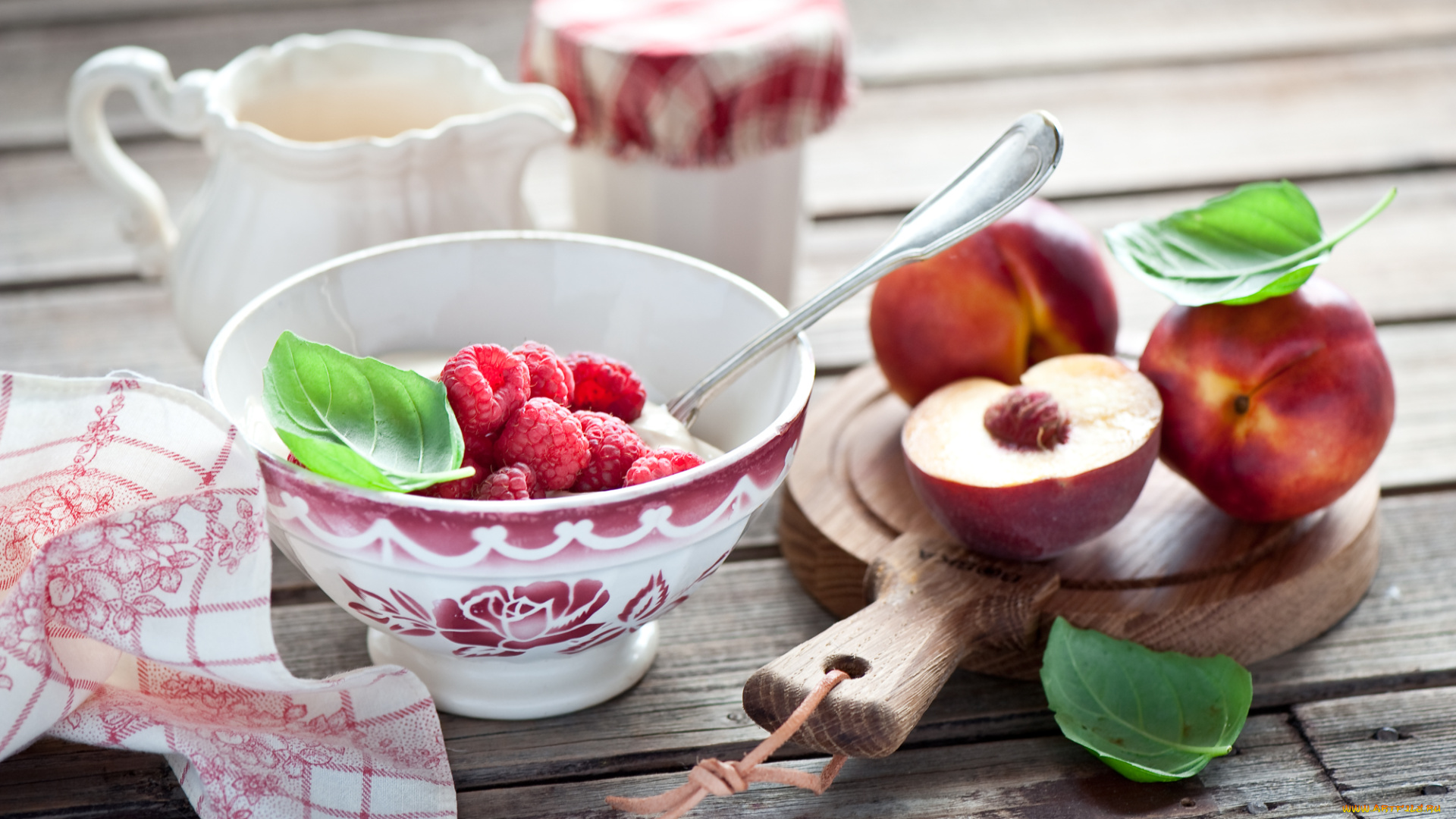 еда, разное, завтрак, нектарины, творог, малина, ягоды