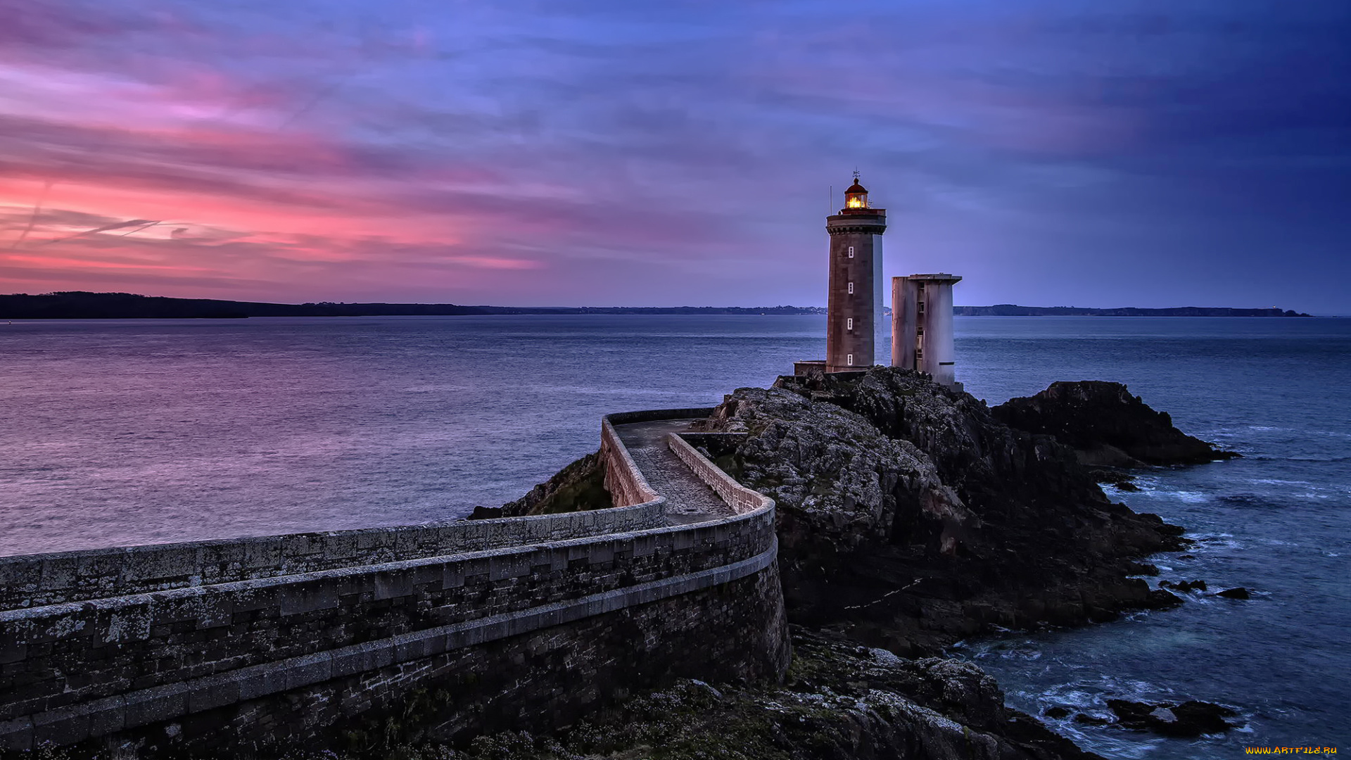 природа, маяки, закат, маяк, небо, скала, море, франция