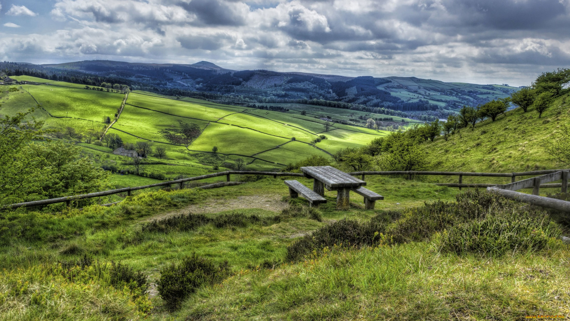 природа, пейзажи, облака, стол, трава, лавочки, холмы, великобритания