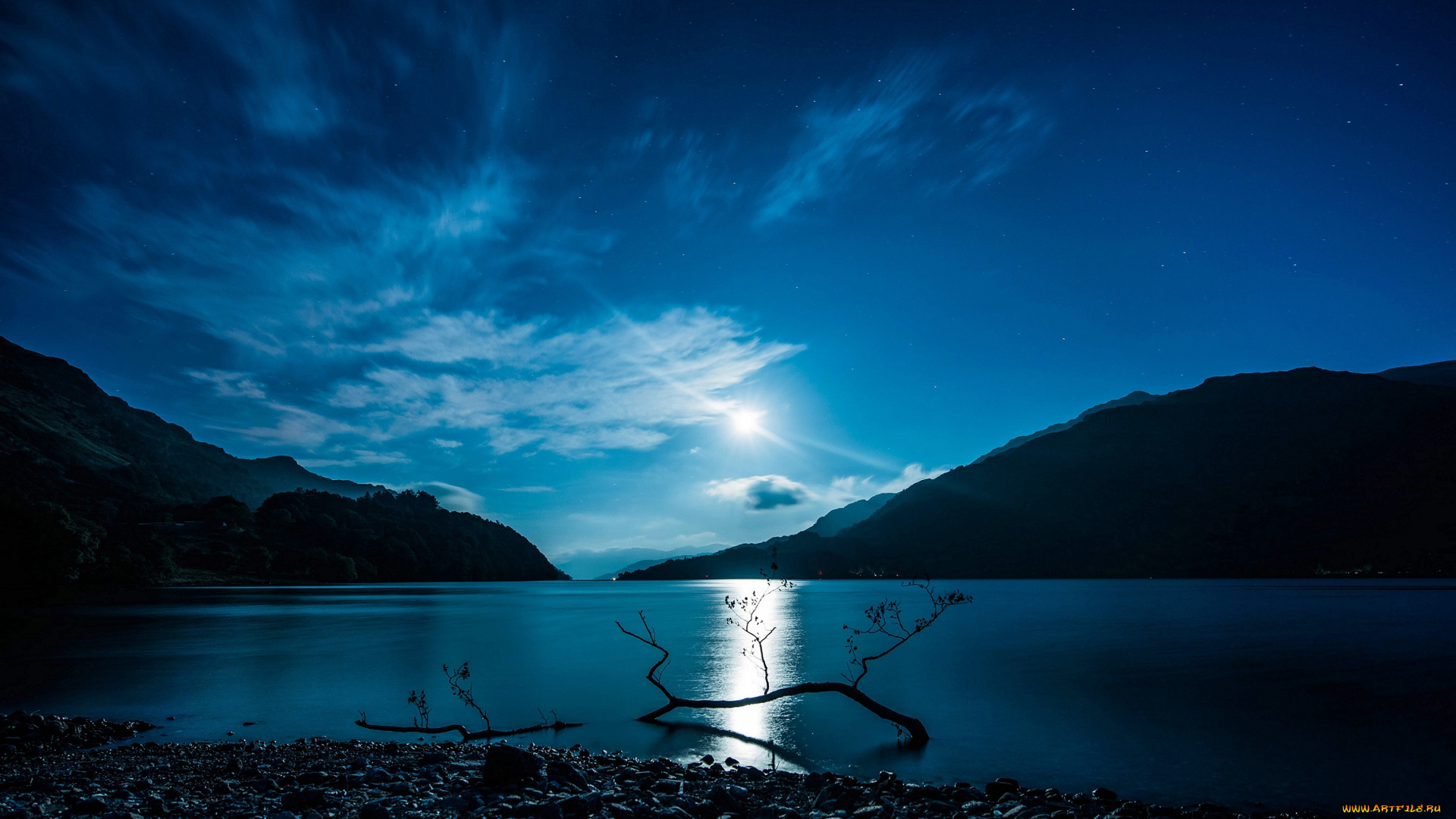 природа, восходы, закаты, отражение, свет, луна, ночь, вода, озеро, шотландия, горы