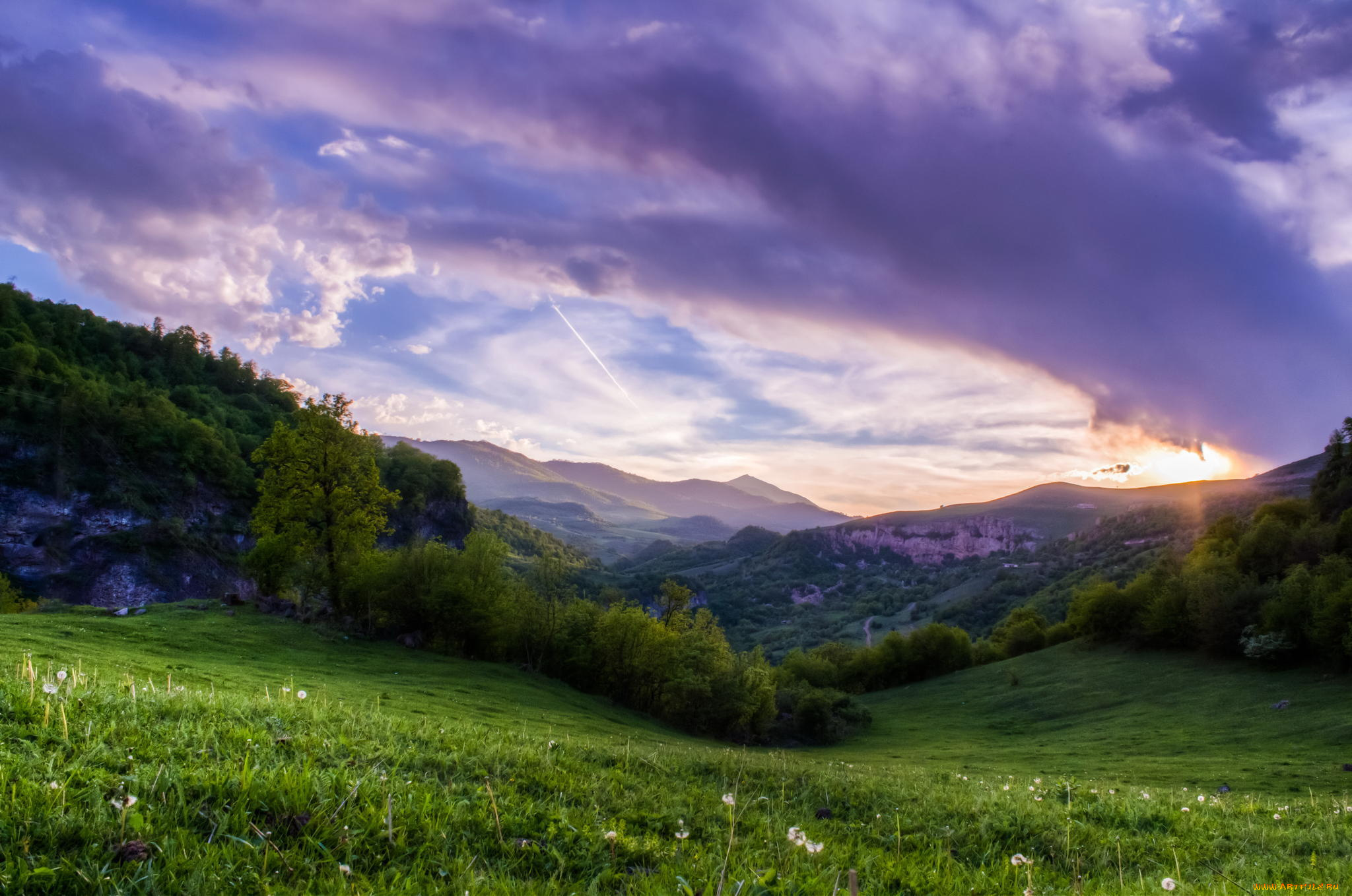 природа, восходы, закаты, закат, облака, небо, трава, деревья, склон, зелень, горы