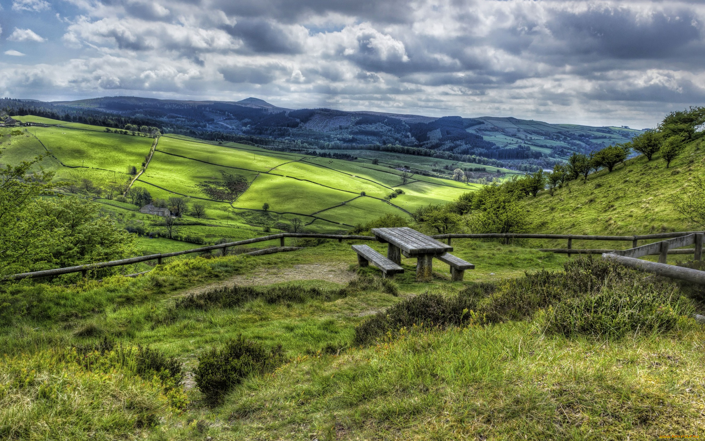 природа, пейзажи, облака, стол, трава, лавочки, холмы, великобритания