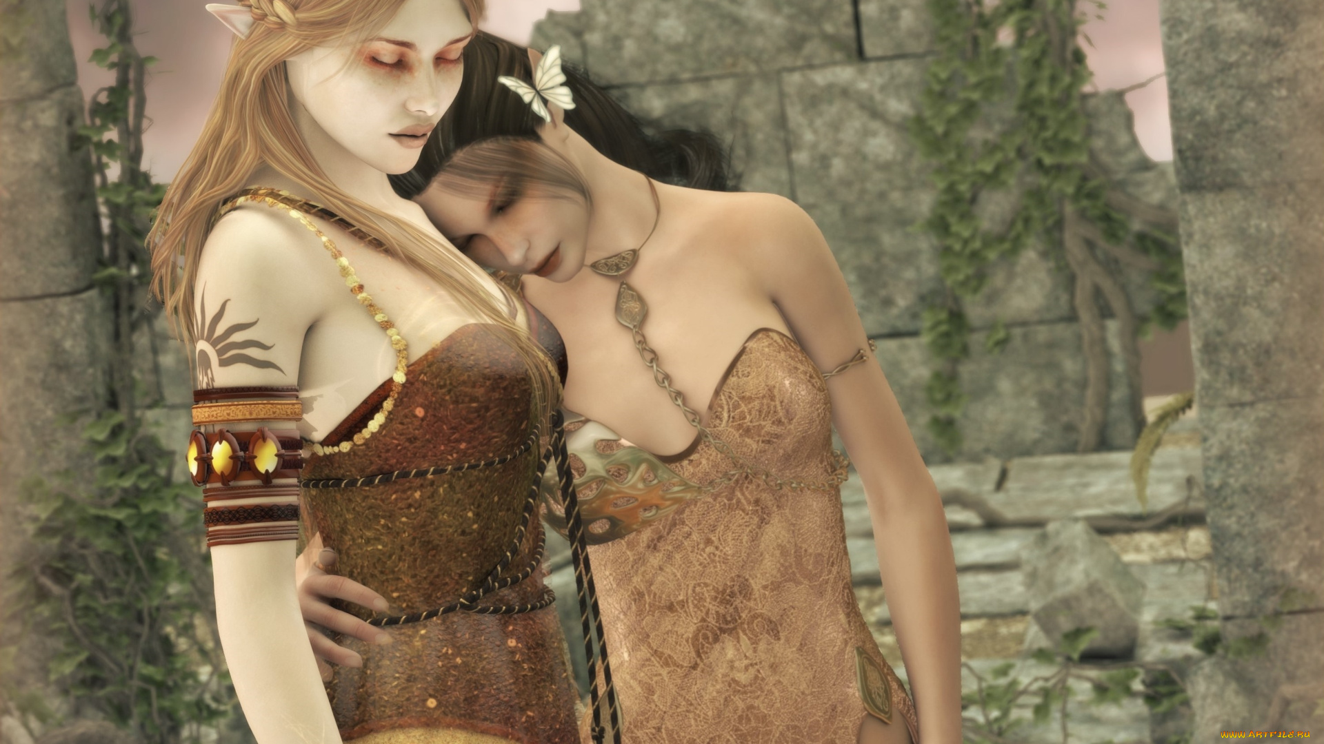 3д, графика, эльфы, , elves, фон, взгляд, эльфийки