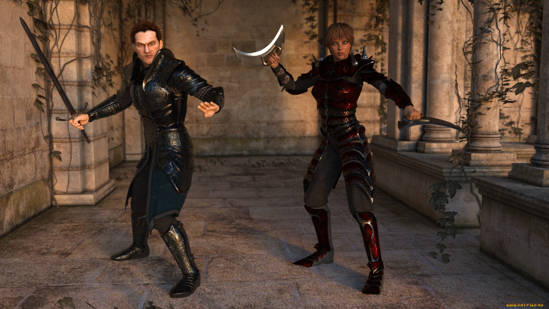 3д, графика, фантазия, , fantasy, мужчина, оружие, взгляд, фон, девушка