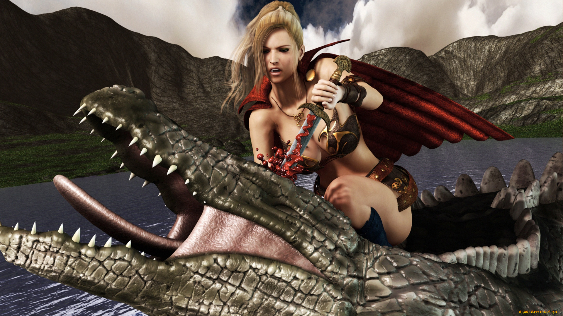 3д, графика, фантазия, , fantasy, озеро, оружие, горы, фон, взгляд, девушка, крокодил