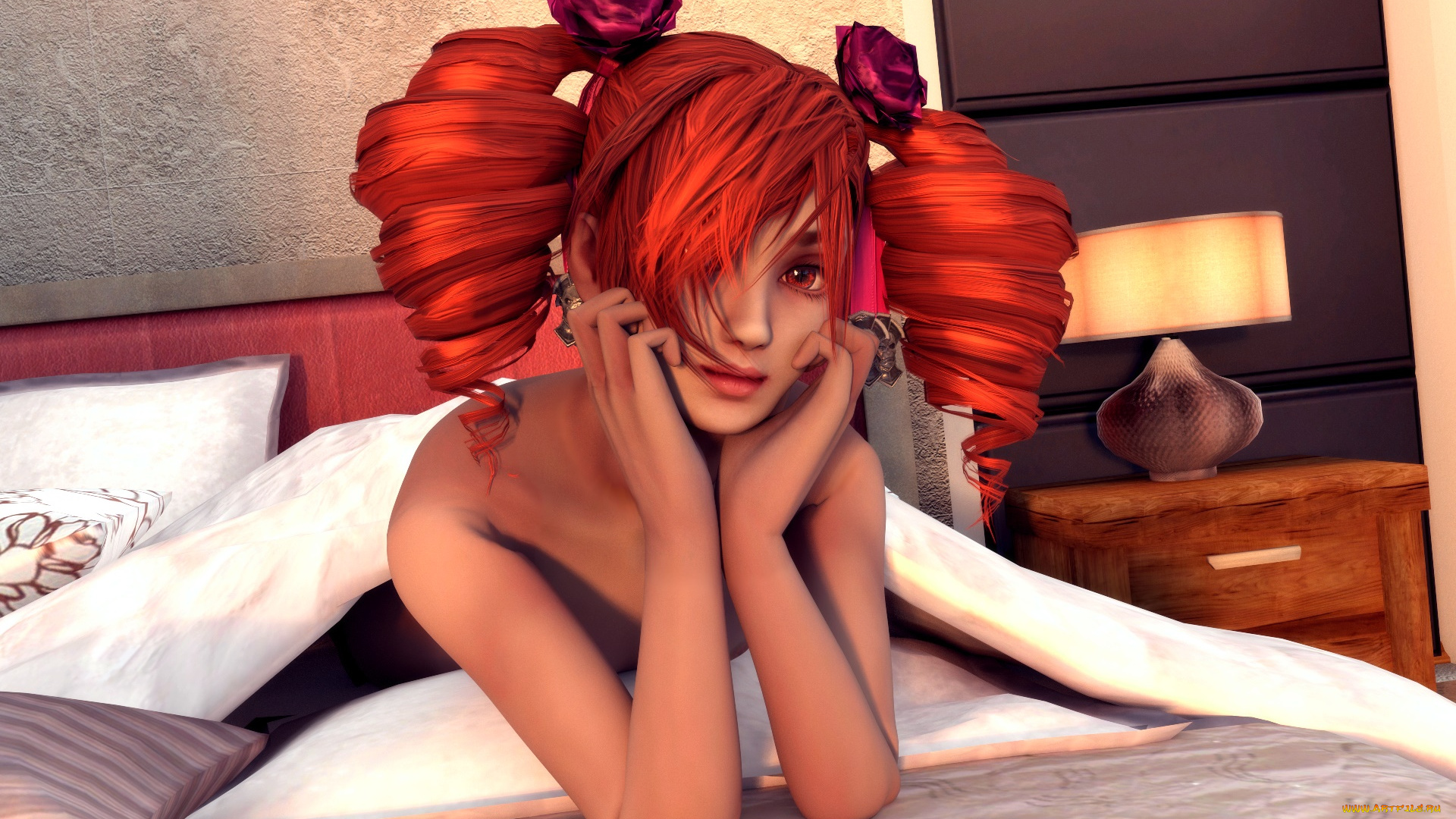 3д, графика, люди, , people, кровать, фон, взгляд, девушка