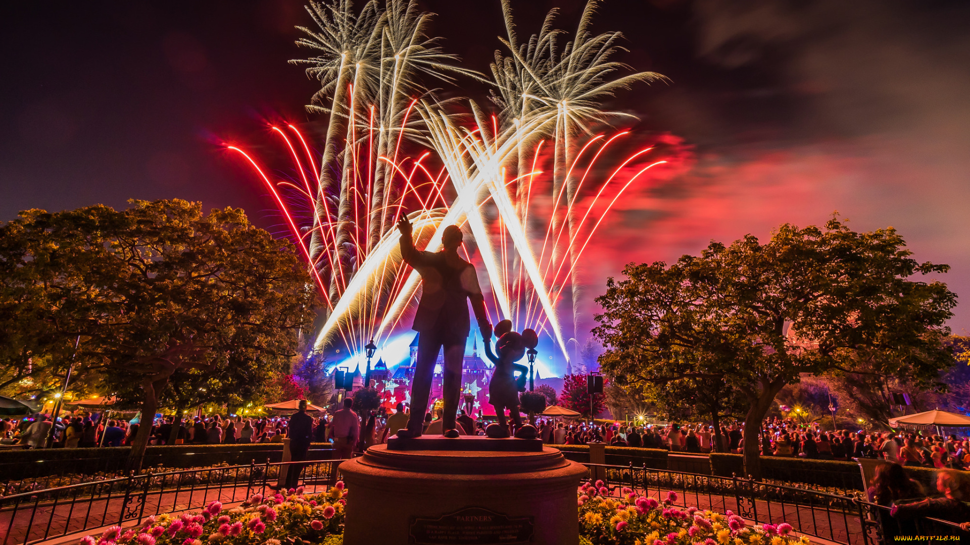 города, диснейленд, фейерверк, ночь, парк