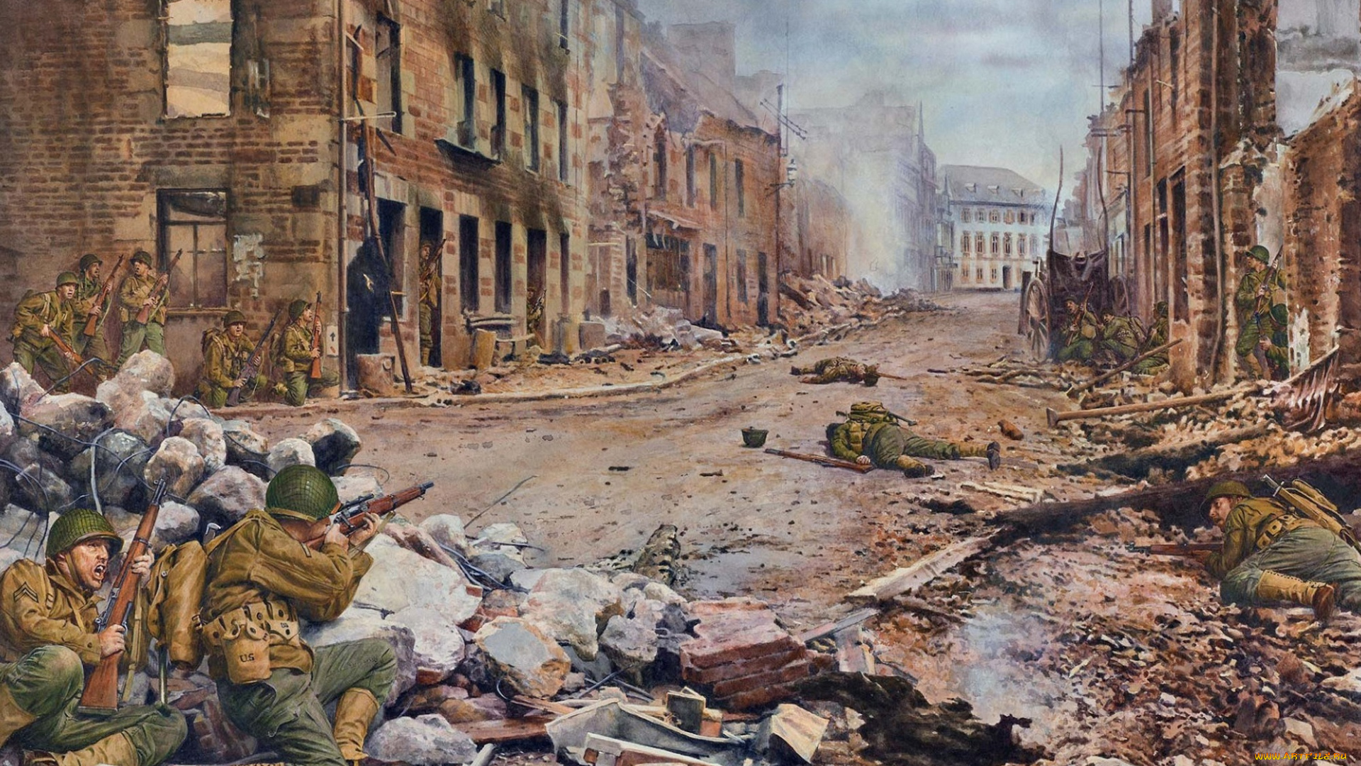 рисованное, армия, война, бой, сражение, солдаты, город, дома, здания, развалины