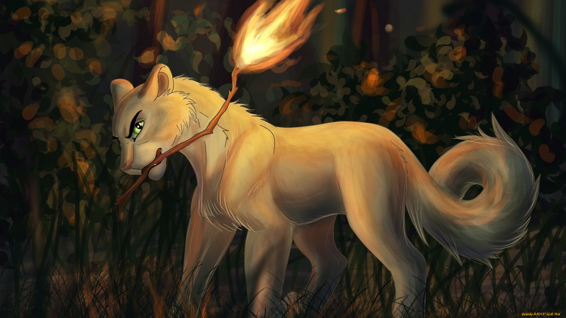 рисованное, животные, , сказочные, , мифические, огонь, ветка, волк