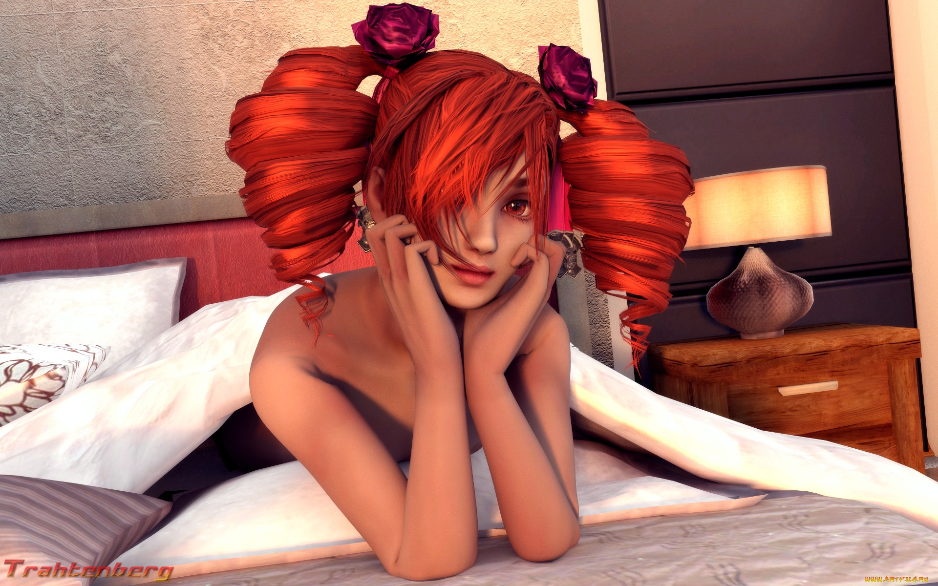 3д, графика, люди, , people, кровать, фон, взгляд, девушка