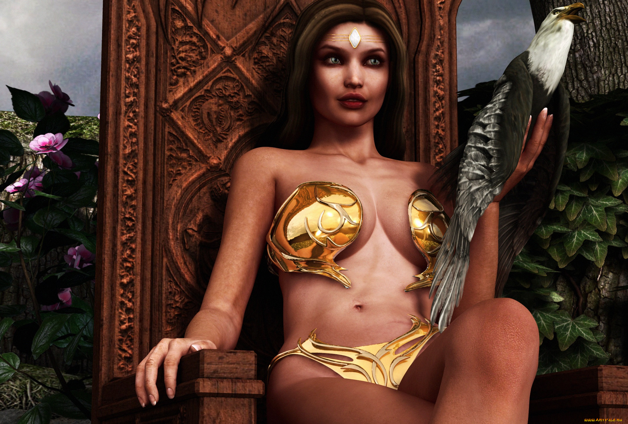 3д, графика, фантазия, , fantasy, трон, цветы, птица, фон, взгляд, девушка