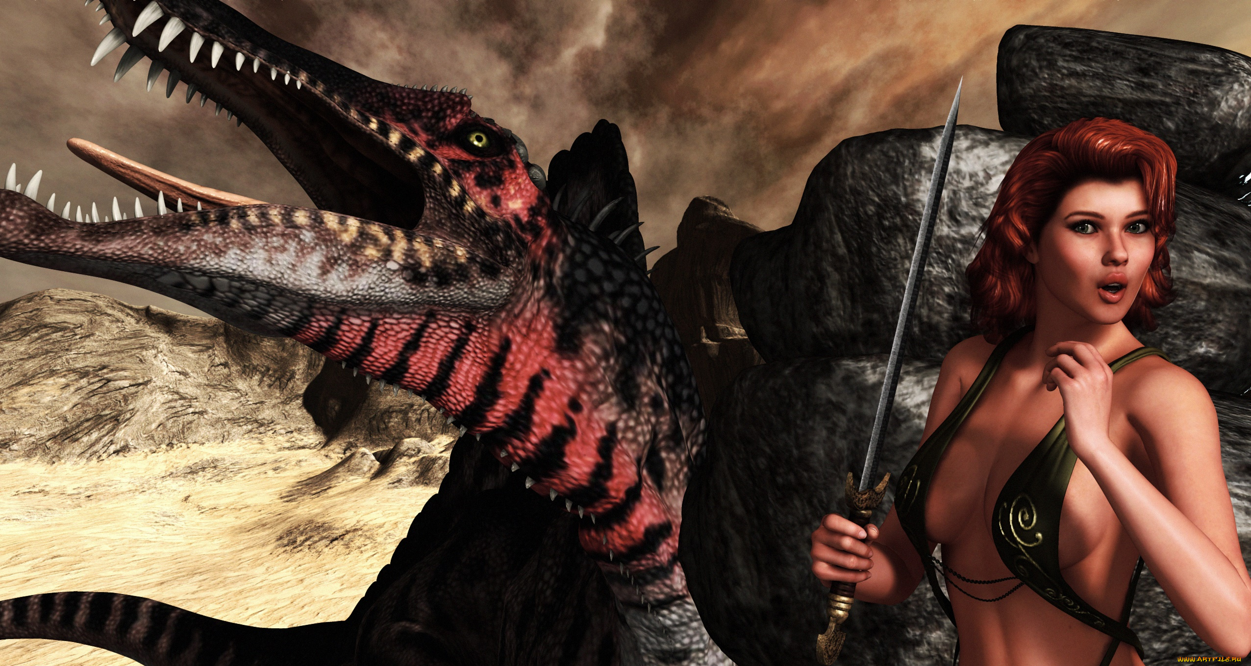 3д, графика, фантазия, , fantasy, дракон, девушка, взгляд, фон, оружие